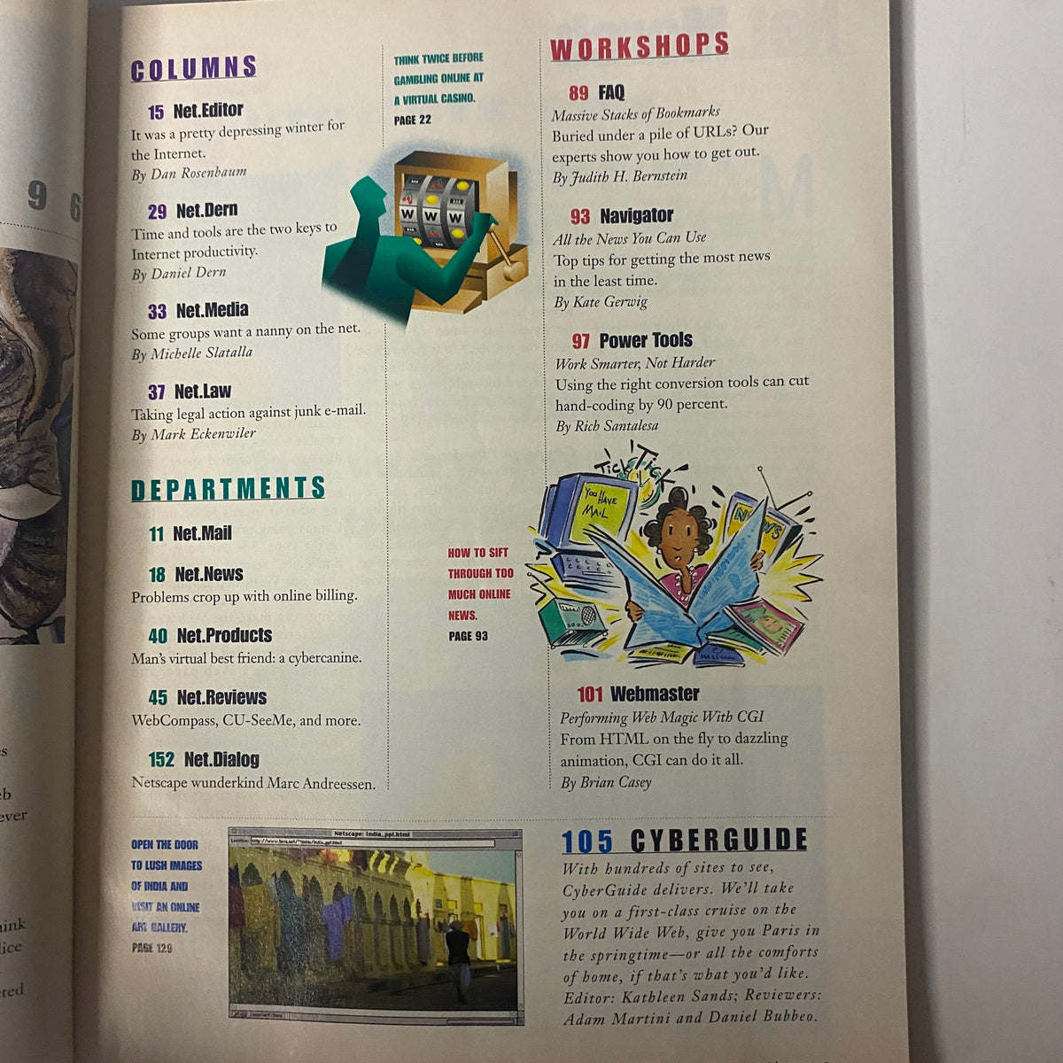 Interior page of NetGuide Magazine March 1996 showcasing sections on columns and workshops, including titles like 'Net.Editor', 'Navigator', and 'Webmaster'.