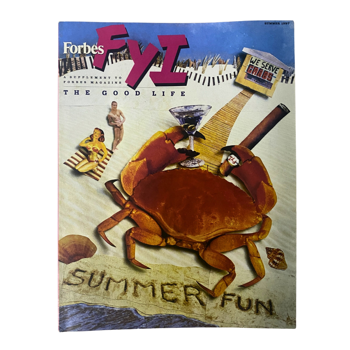 Forbes FYI Magazine Summer 1997 cover featuring a playful crab on the beach with a cocktail and the text 'SUMMER FUN,' reflecting the theme 'The Return of The Kahuna.'