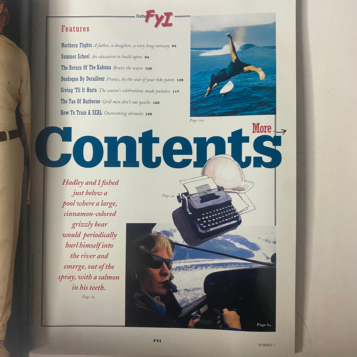 Forbes FYI Magazine Summer 1997 contents page showcasing features like 'Northern Flights,' 'Summer School,' and 'The Return of The Kahuna,' with a stylish design capturing surf culture and adventure.