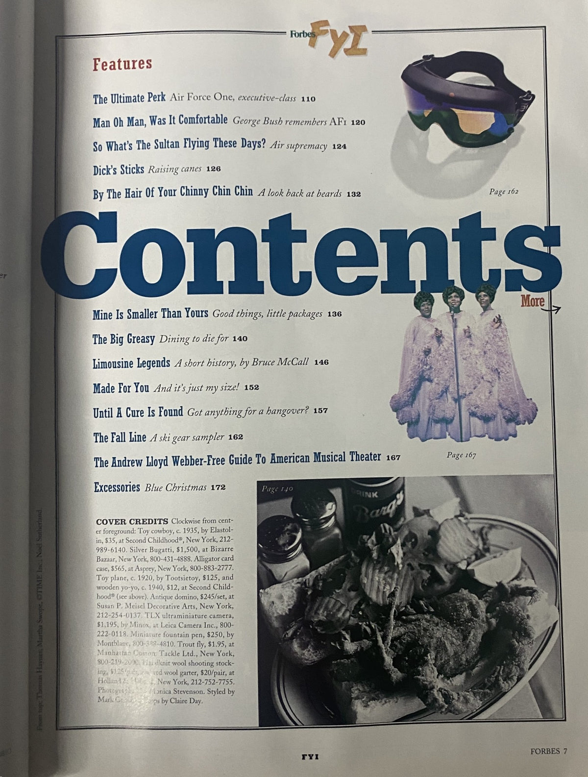 Contents page of Forbes FYI Magazine Winter 1996 showcasing featured articles including 'The Ultimate Perk' and 'Dick's Sticks', emphasizing the magazine's focus on luxury and culture.