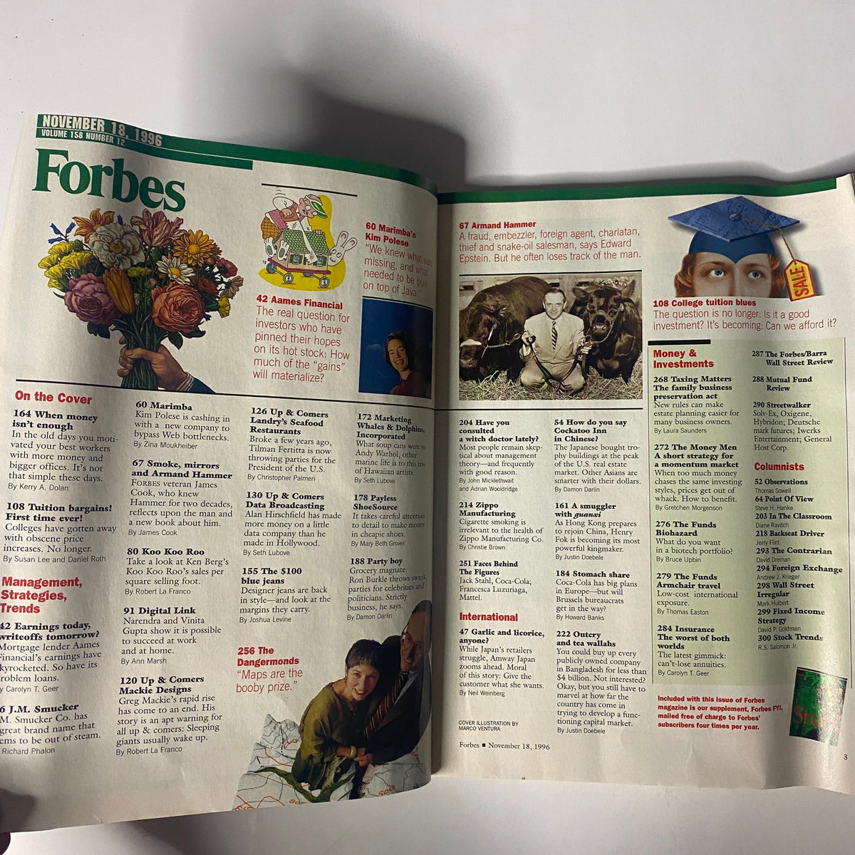 Interior pages of Forbes Magazine from November 18, 1996, displaying articles and sections including 'Management, Strategies & Trends' and 'International' alongside the cover story 'When Money Isn't Enough'.