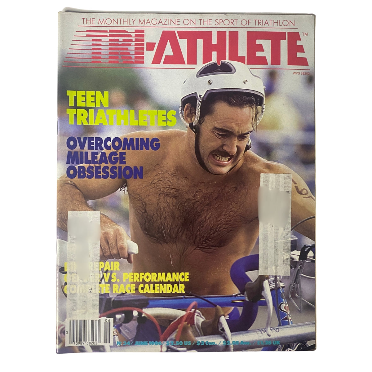 Cover of Tri-Athlete Magazine from June 1986 featuring a competitive male triathlete during training, emphasizing the themes of Teen Triathletes and Overcoming Mileage Obsession.