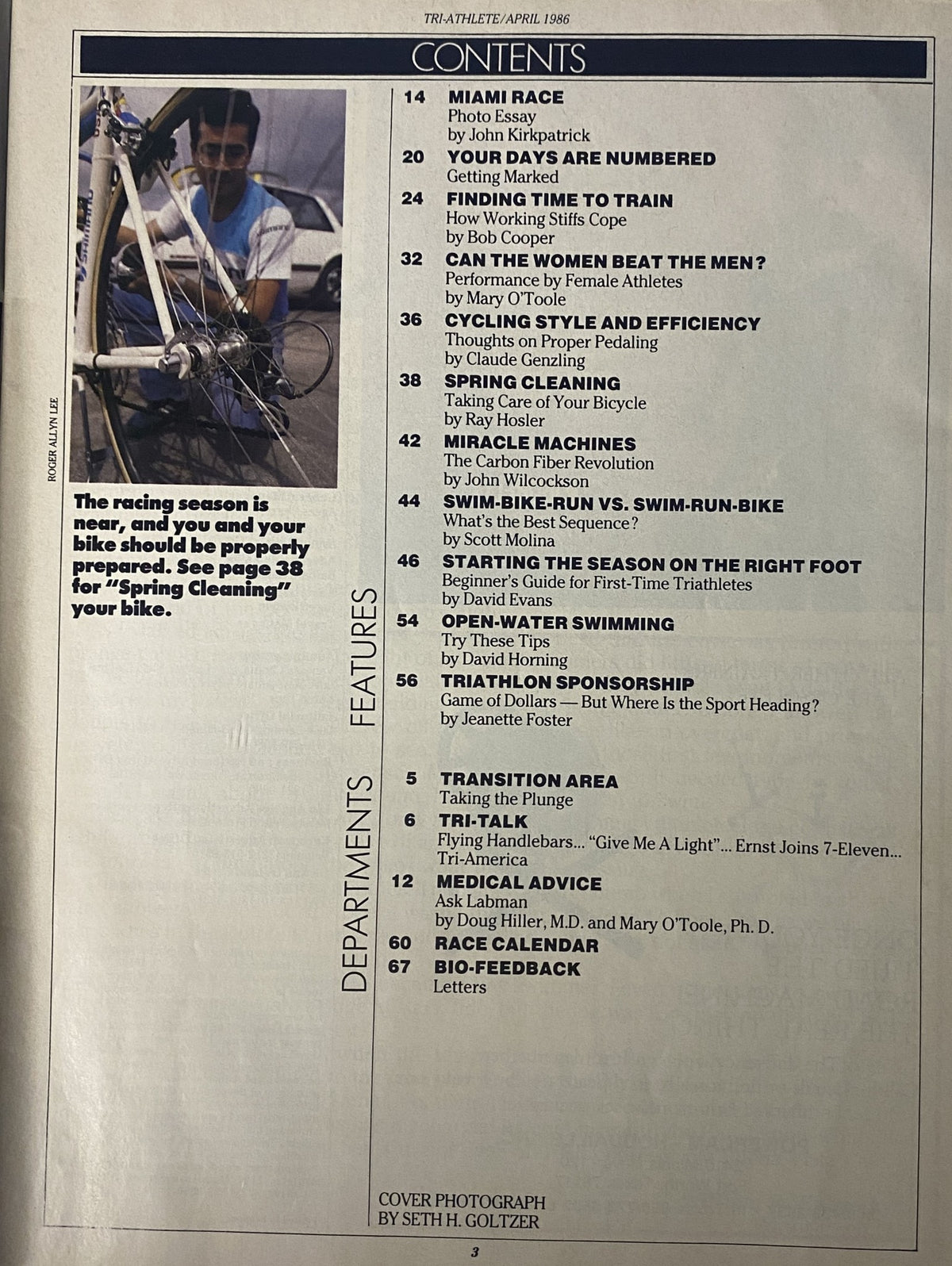 Table of contents from Tri-Athlete Magazine, April 1986, listing various articles and features including 'Miami Race', 'Your Days Are Numbered', and 'Can the Women Beat the Men?'. Essential reading for aspiring triathletes.