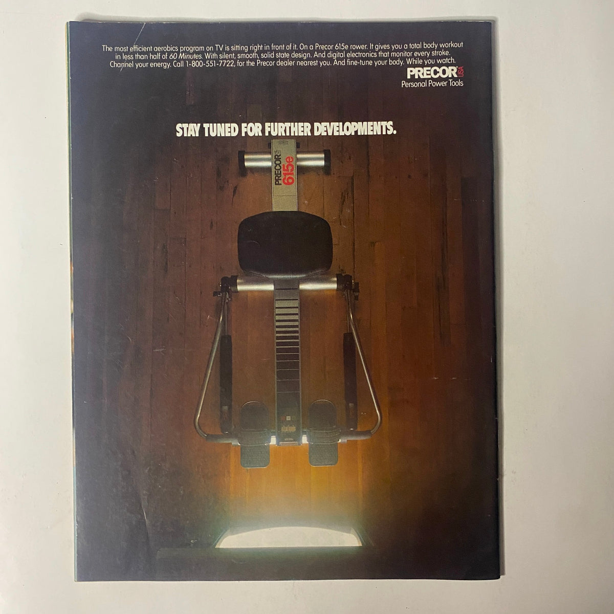 Back cover of Tri-Athlete Magazine, April 1986, featuring an advertisement for Precor fitness equipment. Relevant for those looking to enhance their training regime.