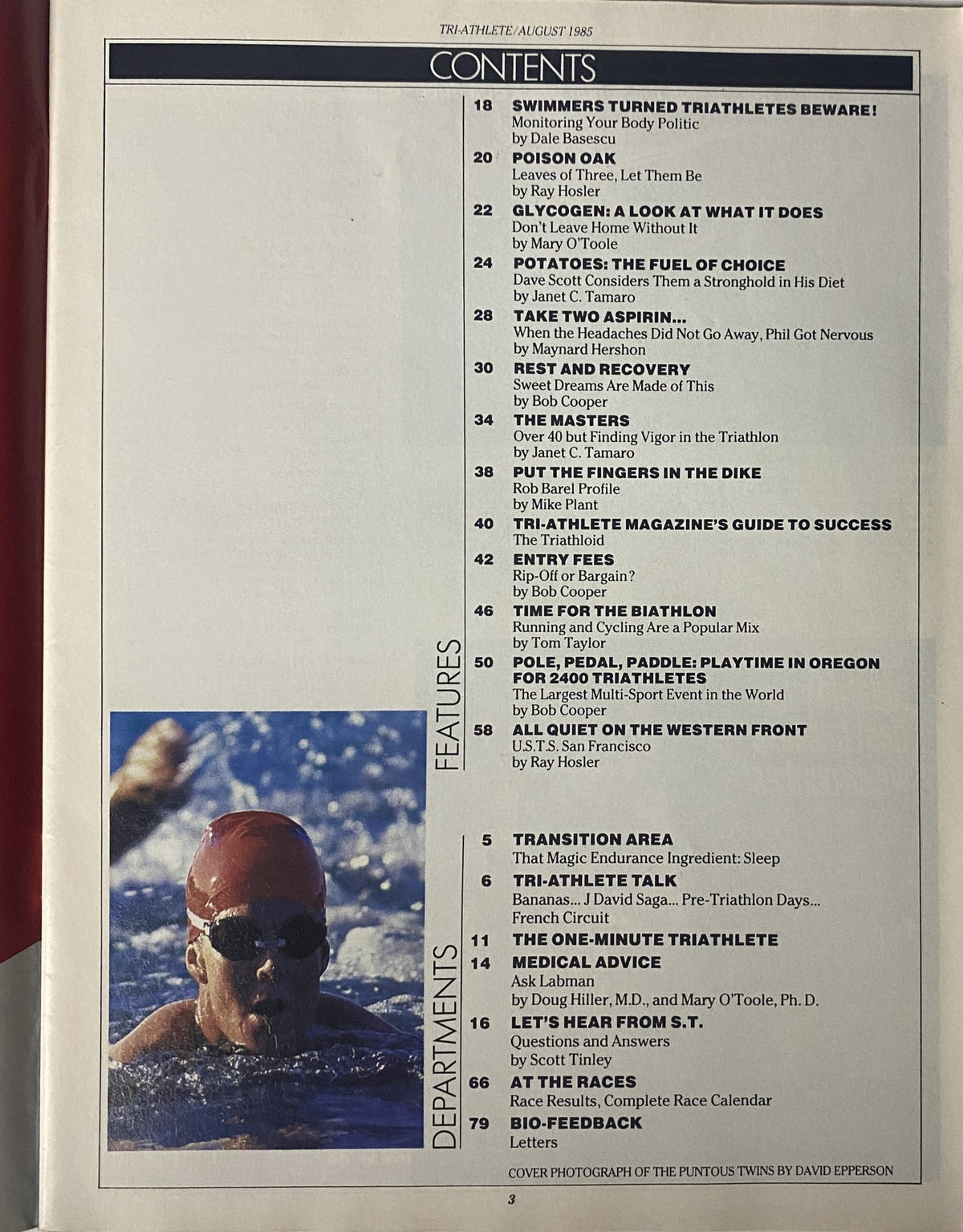 TriAthlete Magazine August 1985 No. 24 contents page detailing featured articles such as 'Swimmers Turned Triathletes Beware' and 'The Masters', focusing on triathlon training and athlete health.
