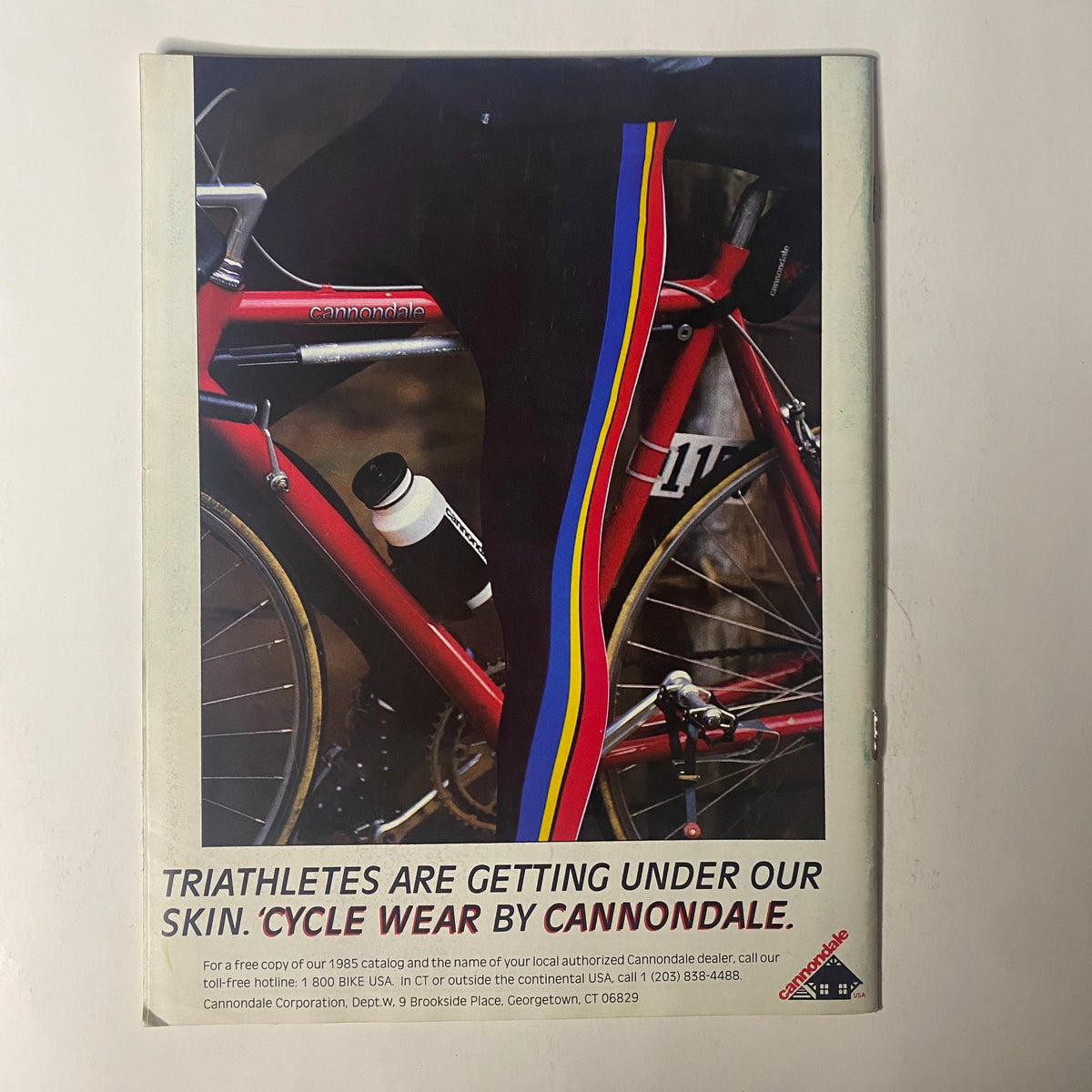 TriAthlete Magazine August 1985 No. 24 back cover promoting Cannondale cycling wear for triathletes, linking to endurance sports and athlete gear.