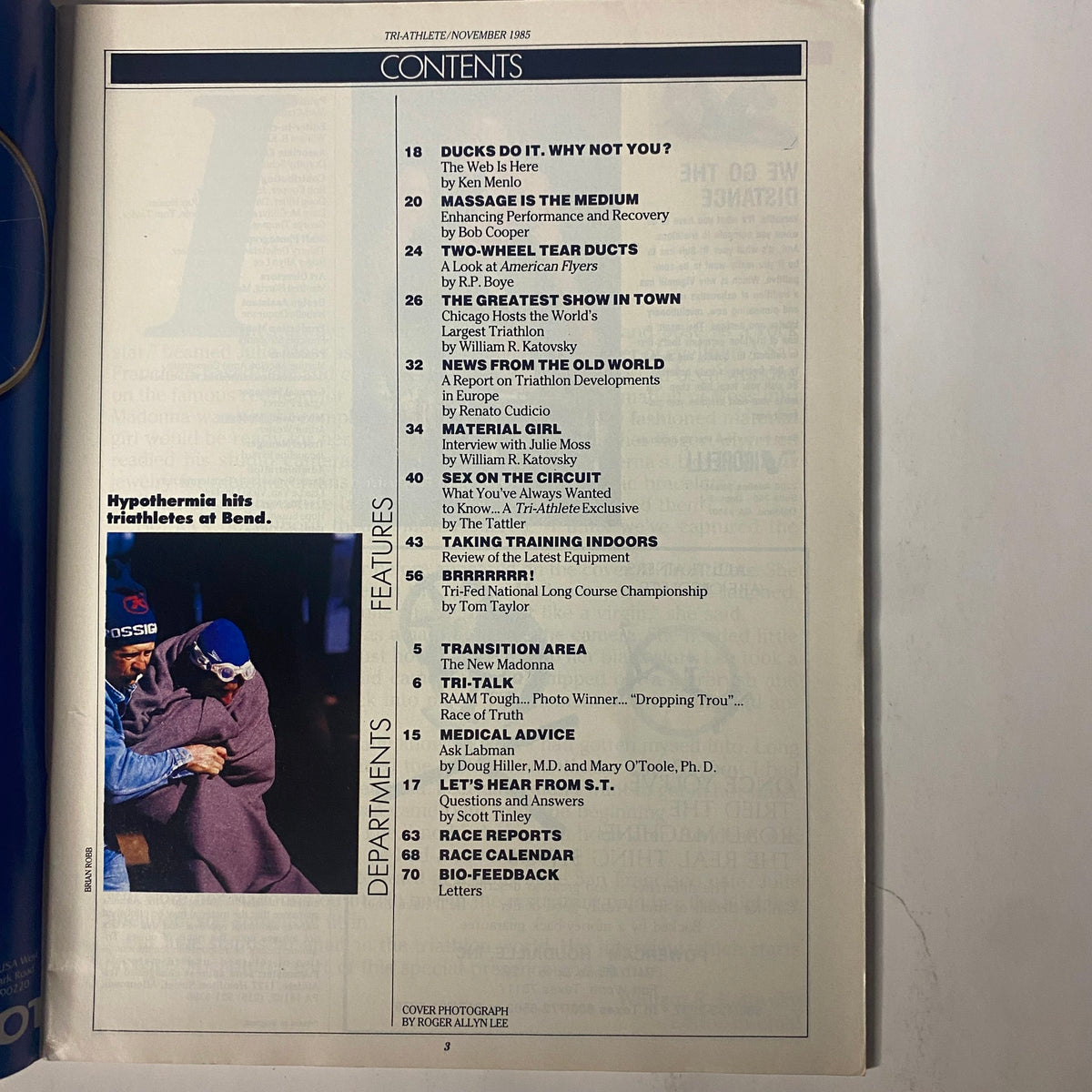 Contents page of the Tri-Athlete Magazine November 1985 issue No. 27. The page lists features including articles on training, race reports, and athlete interviews, showcasing the depth of triathlon topics covered in this vintage publication.