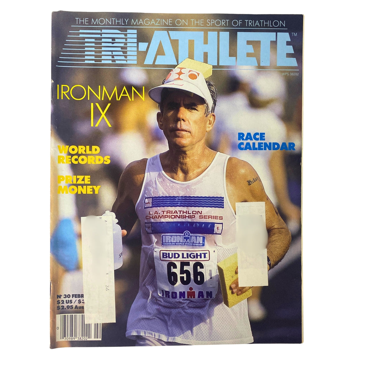 TriAthlete Magazine cover, February 1986, No. 30 featuring Ironman IX Race Calendar. Highlights include world records and prize money in triathlon.
