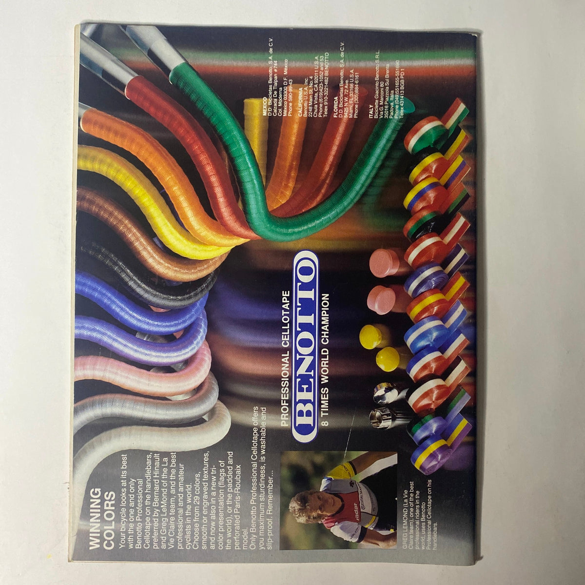 Advertisement for Benotto tape in TriAthlete Magazine February 1986 No. 30, showcasing various colorful tape options for athletes.