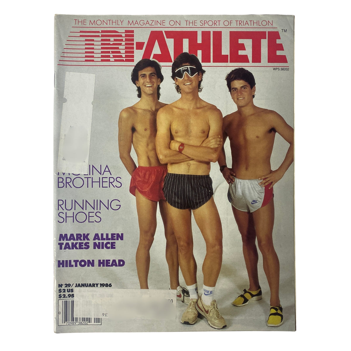 TriAthlete Magazine January 1986, No. 29 cover featuring three male athletes, including Mark Allen, showcasing triathlon apparel, with the title 'Mark Allen Takes Nice'.
