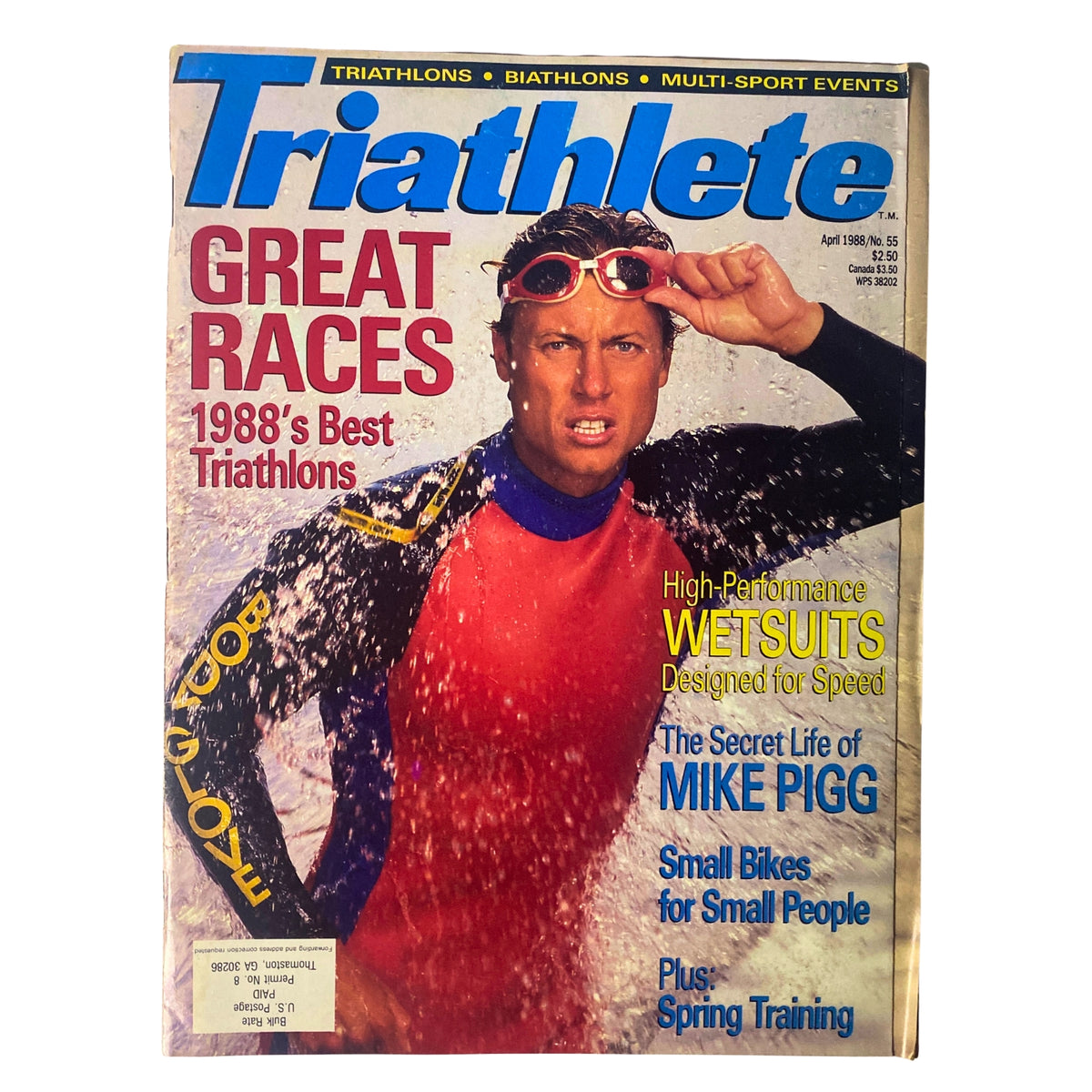 Triathlete Magazine April 1988 No. 55 featuring Tony Richardson on the cover, showcasing highlights of great races, wetsuits, and triathlon tips.