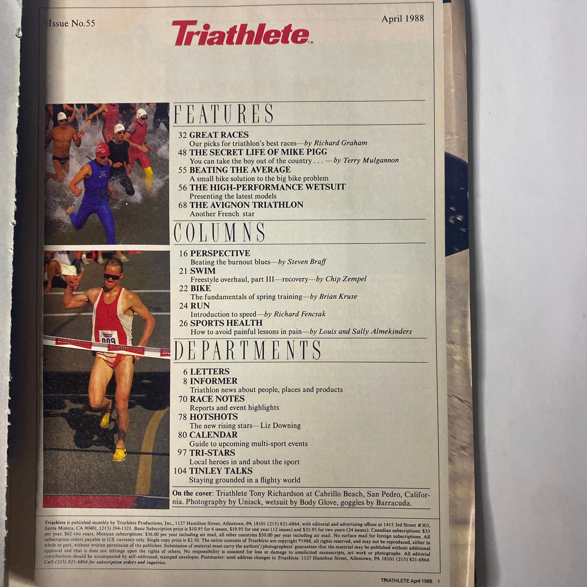 Inside page of Triathlete Magazine April 1988 No. 55 displaying features on triathlon events, training advice, and athlete profiles.