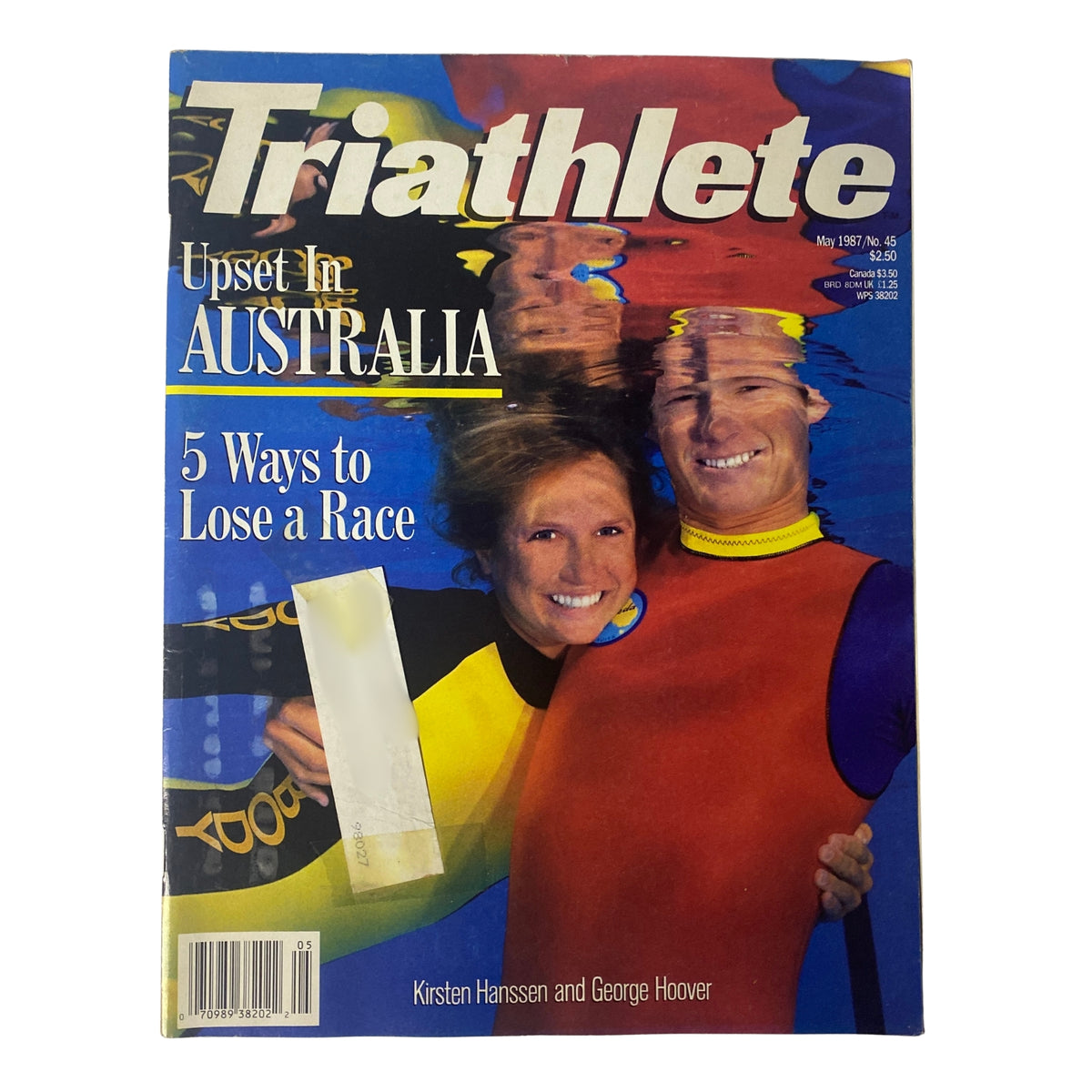 Triathlete Magazine May 1987 No. 45 featuring Kirsten Hanssen and George Hoover on the cover, highlighting triathlon articles including 'Upset in Australia' and '5 Ways to Lose a Race.'