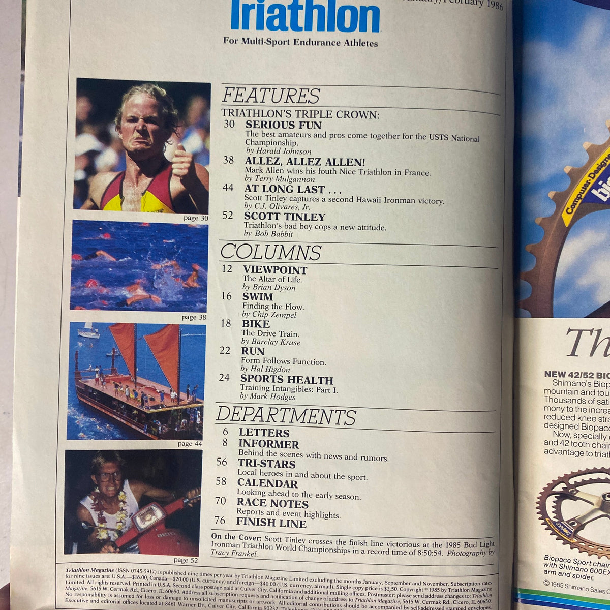 Inside Triathlon Magazine January/February 1986 showcasing the table of contents, including features on serious fun in triathlon, columns on viewpoint and sports health.