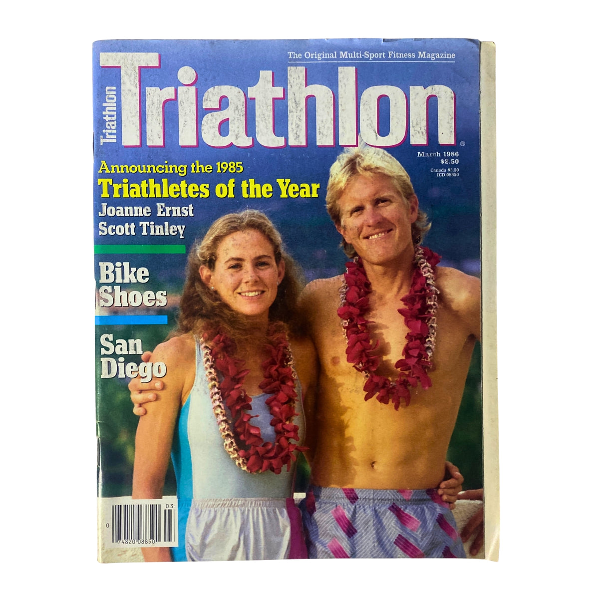 Triathlon Magazine March 1986 Vol 4 No. 2 cover featuring Joanne Ernst and Scott Tinley, announcing the 1985 Triathletes of the Year, showcasing images of bike shoes and scenic San Diego.