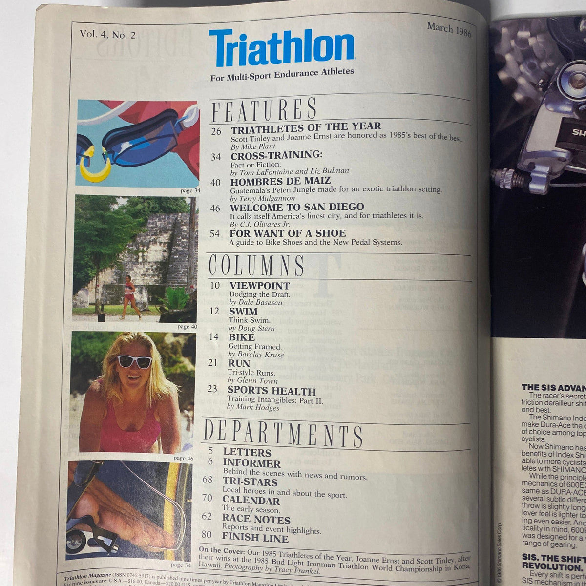 Interior of Triathlon Magazine March 1986 Vol 4 No. 2 displaying the table of contents, featuring articles on the Triathletes of the Year, cross-training, and a guide to bike shoes.