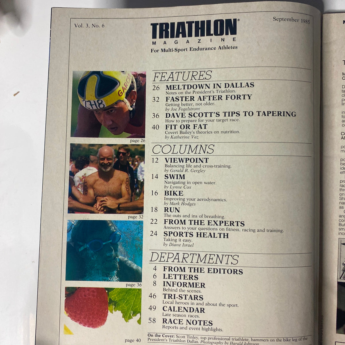 Triathlon Magazine September 1985 Vol 3 No. 6 cover featuring Scott Tinley in Texas, showcasing articles on triathlon training, nutrition, and event coverage.