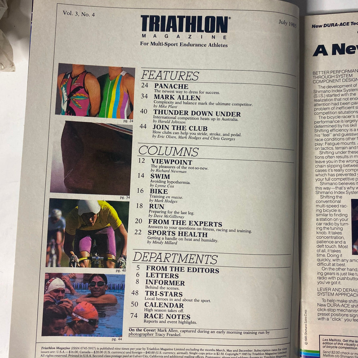 Triathlon Magazine July 1985 Vol 3 No. 4 Mark Allen Cover featuring table of contents including features on Panache, Mark Allen, and international competitions. Vintage sports magazine in very good condition, ideal for triathlon enthusiasts.