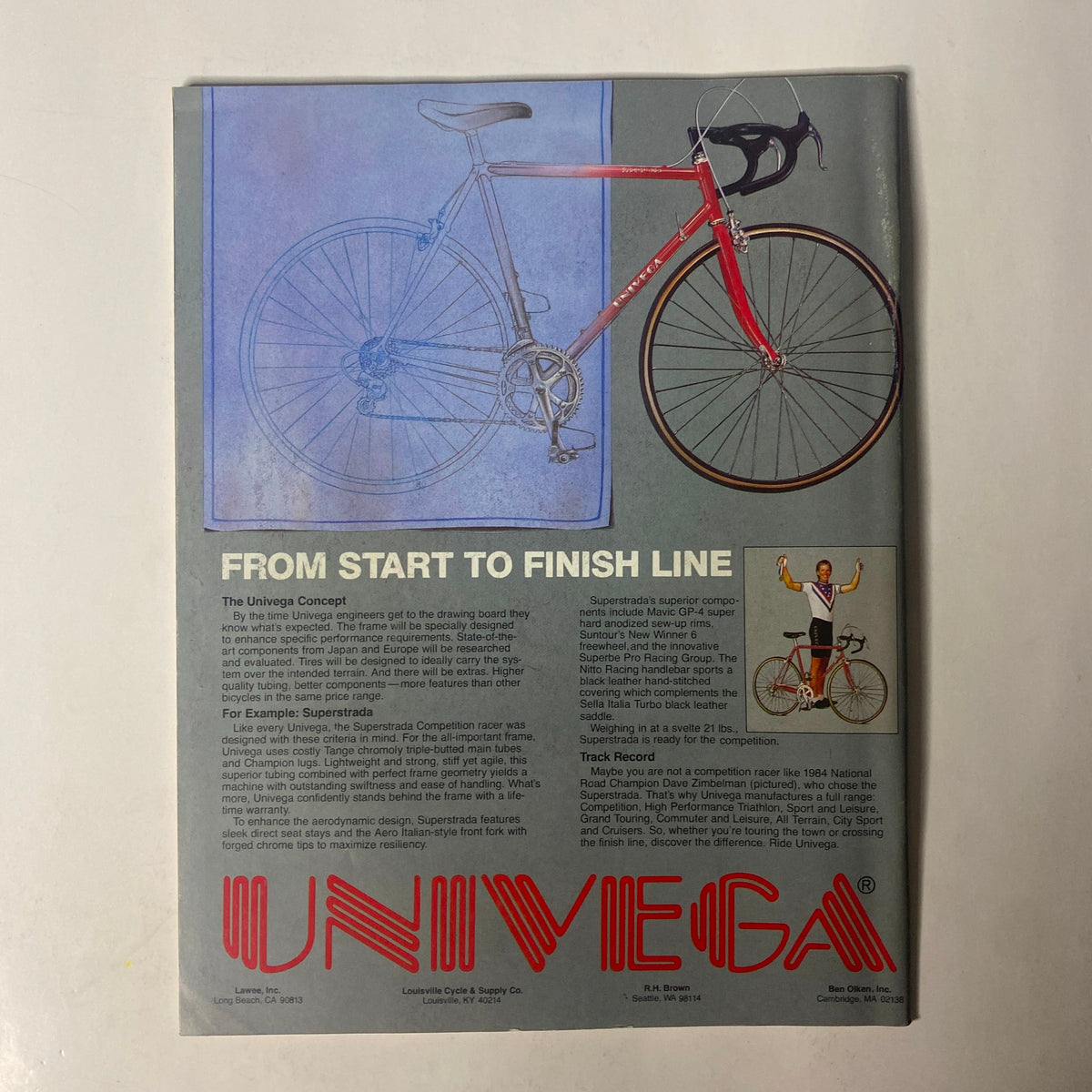 Triathlon Magazine July 1985 advertisement for Univega bicycles, showcasing the Univega concept and its features. Part of the issue featuring Mark Allen on the cover, catering to multi-sport endurance athletes.