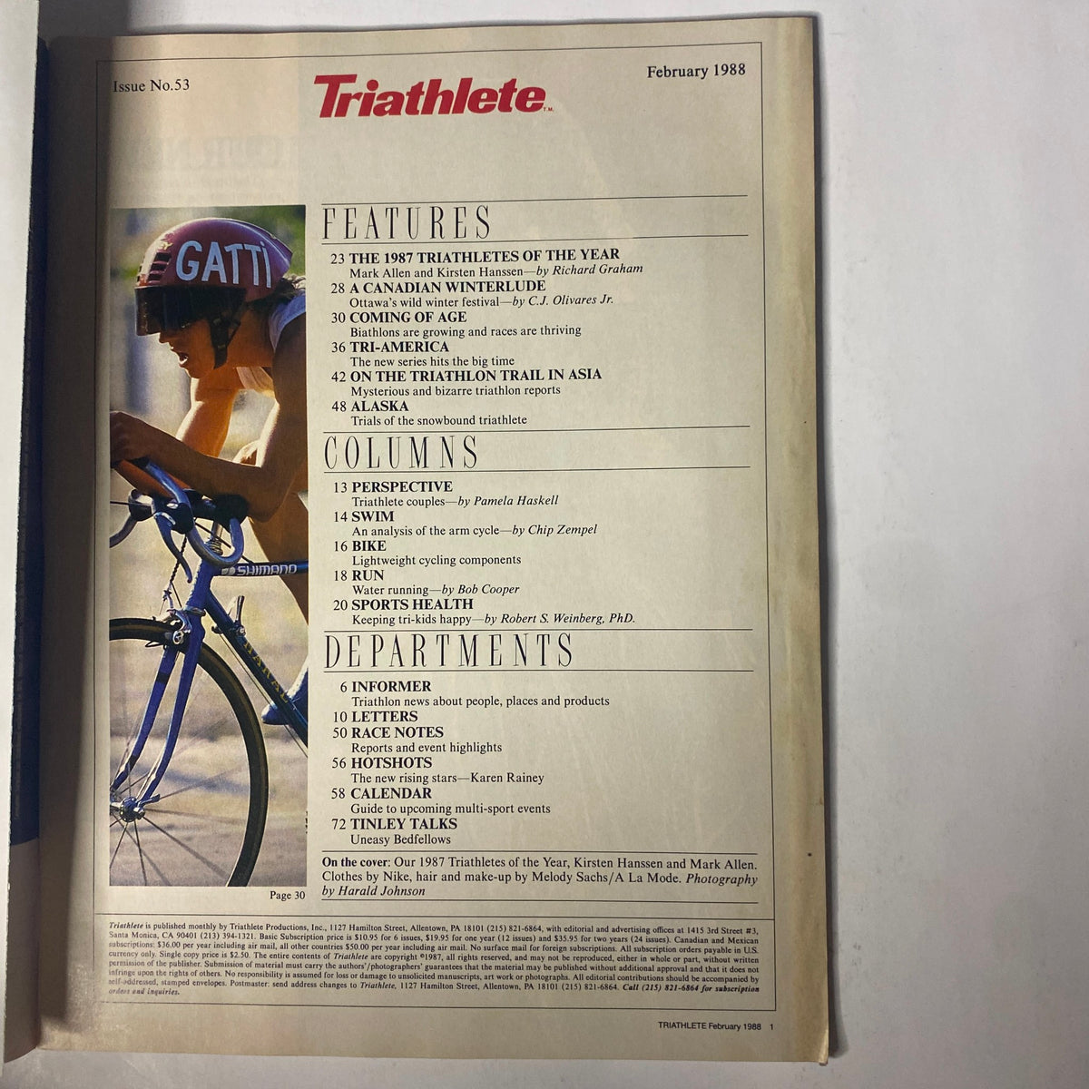 Triathlete Magazine cover from February 1988, Issue No. 53 featuring Mark Allen and Kirsten Hanssen, showcasing sections such as 'Features', 'Columns', and 'Departments'.