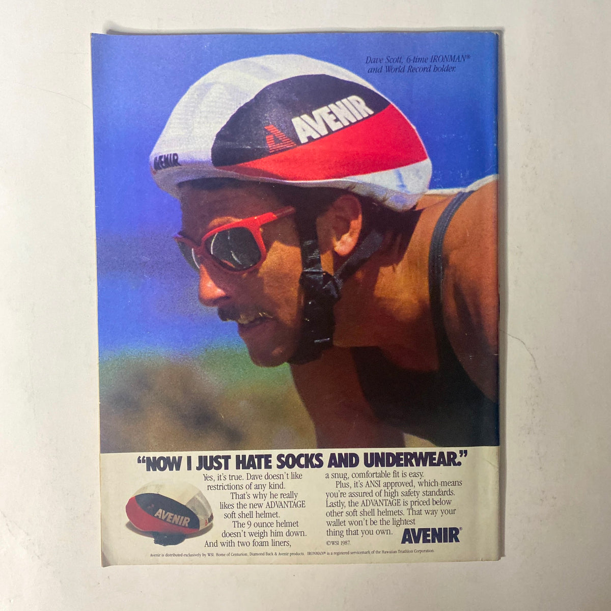 Advertisement from Triathlete Magazine, March 1988, No. 54 featuring a male cyclist promoting Avenir gear with the phrase 'Now I just hate socks and underwear.'