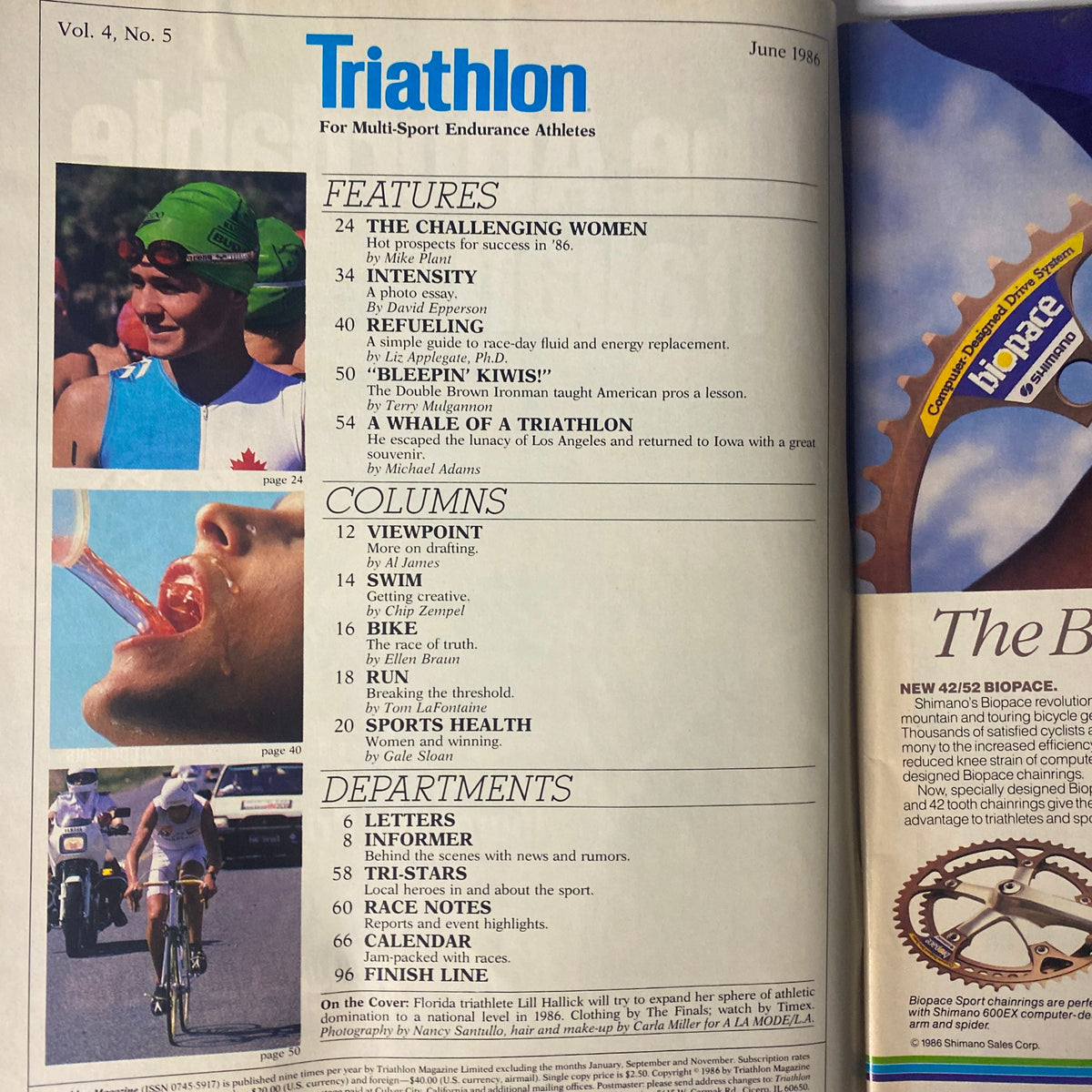 Triathlon Magazine June 1986 Vol 4 No 5 interior page listing features and columns including profiles of female athletes and training tips.