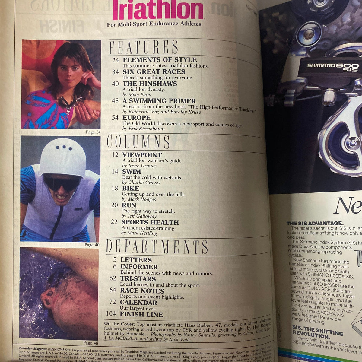 Table of contents from Triathlon Magazine May 1986, listing features on triathlon styles, events, and columns focused on training and health insights for endurance athletes.