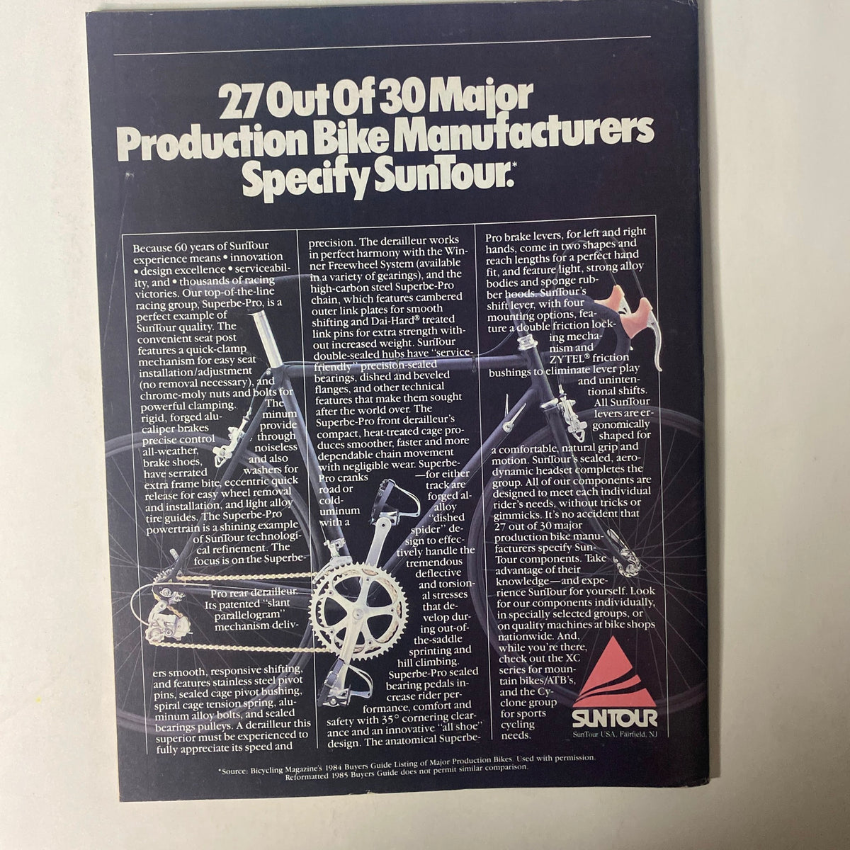 Back cover of Triathlon Magazine November 1985 Vol 3 No. 8 showcasing an advertisement for Suntour bike components, emphasizing quality and precision in bike manufacturing.