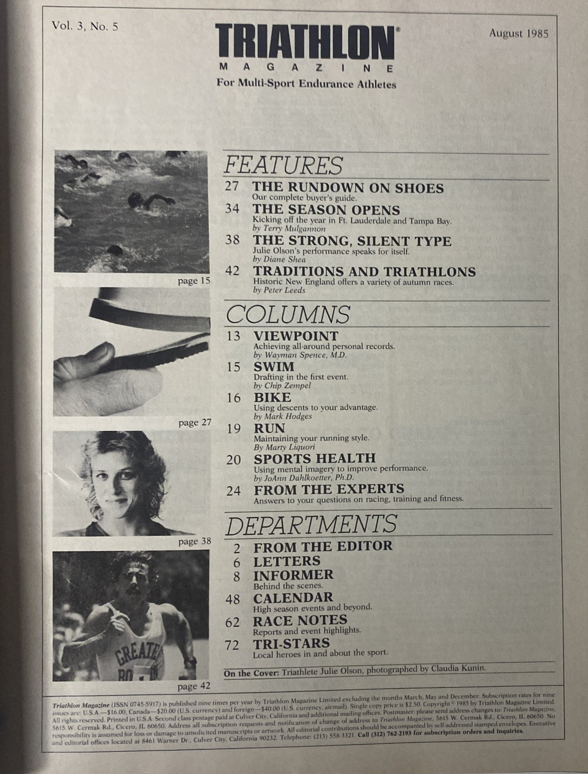 Interior page of Triathlon Magazine August 1985 detailing features and columns, including content on the season's opening events, athlete insights, and training advice, with an emphasis on Julie Olson's performance.