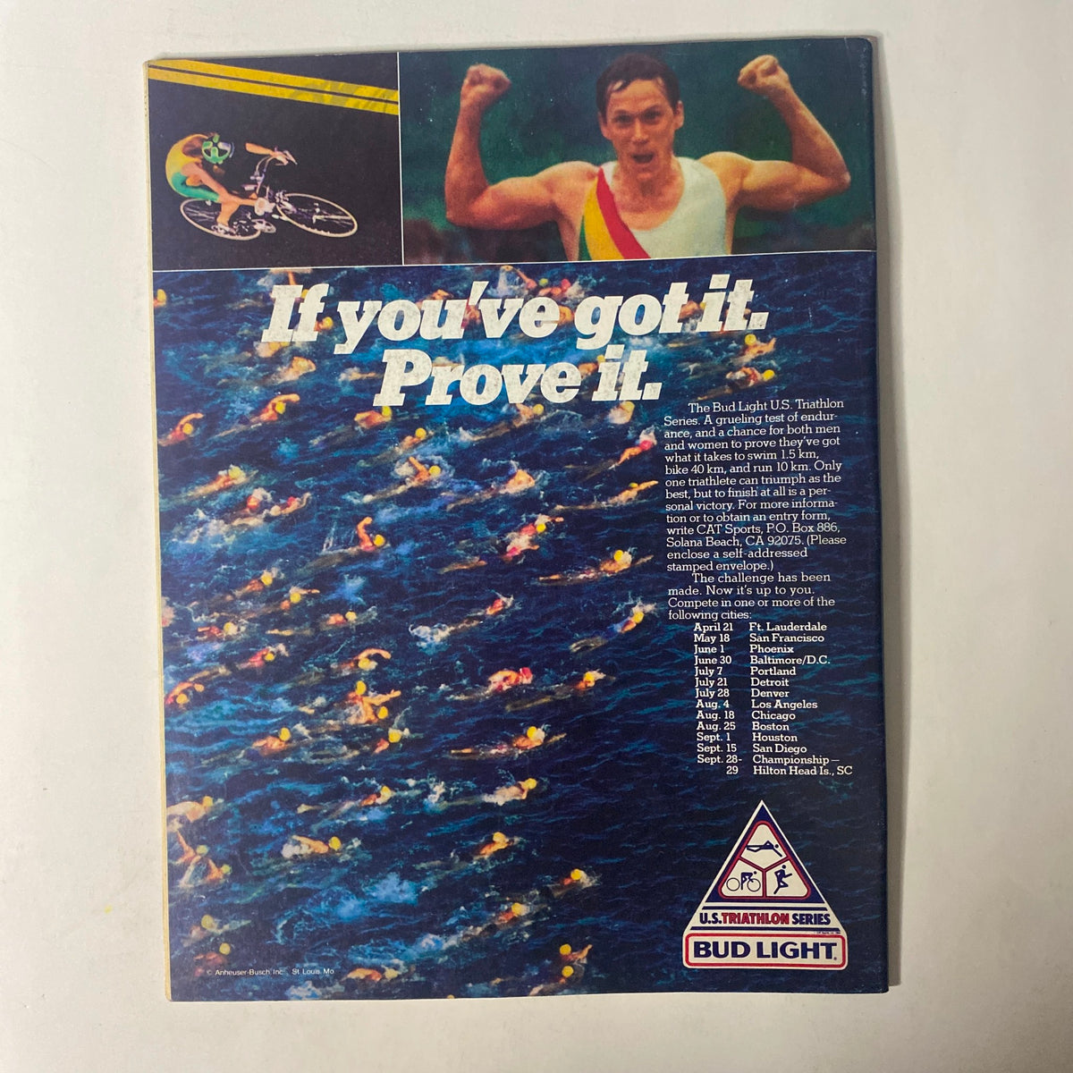Back cover of Triathlon Magazine August 1985 showcasing an advertisement for the Bud Light series alongside a vibrant image of swimmers, reinforcing the active lifestyle promoted within the magazine.