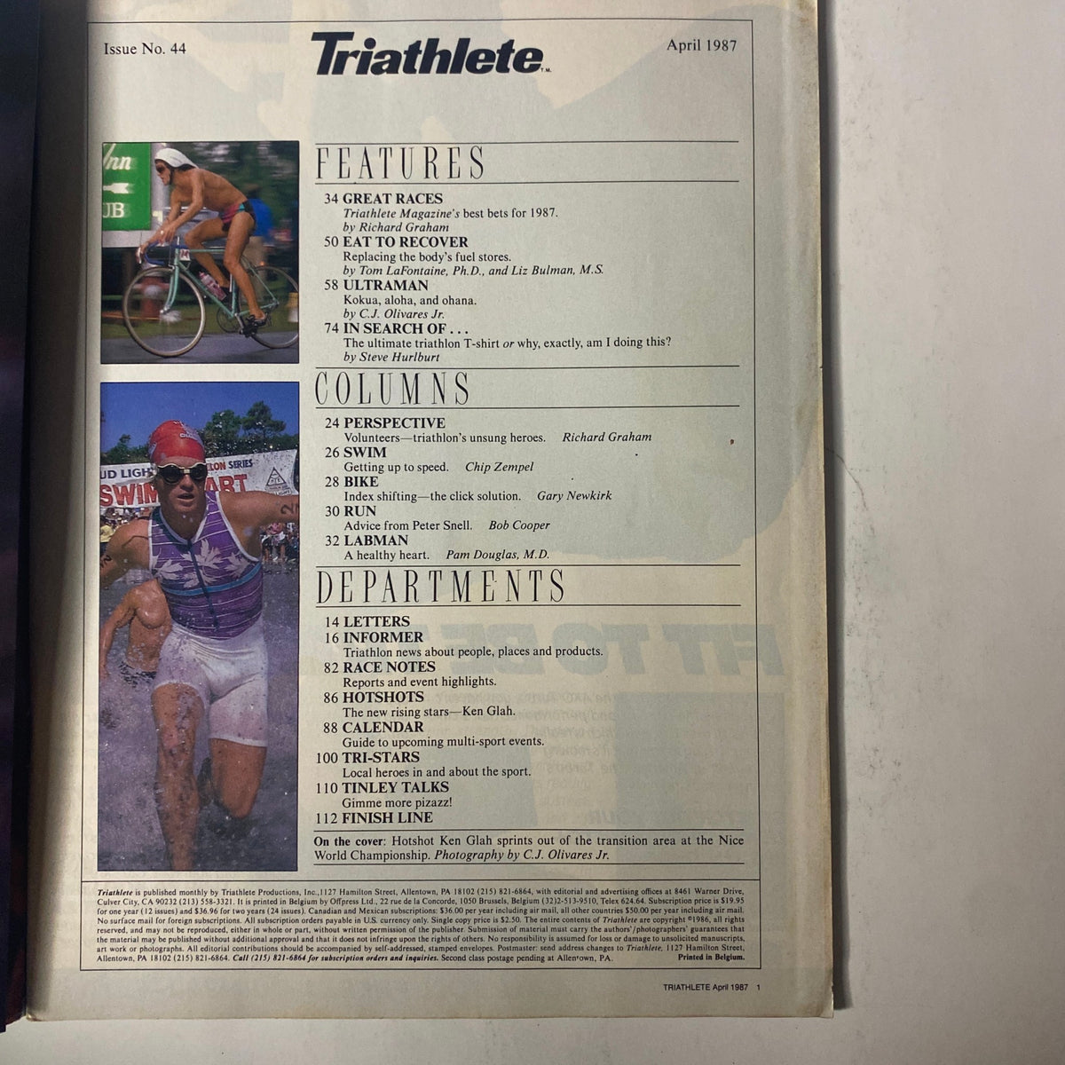 Triathlete Magazine April 1987 No. 44 featuring Ken Glah during the Nice World Championship. The cover includes sections on features and columns with highlighted races and training tips for triathletes.