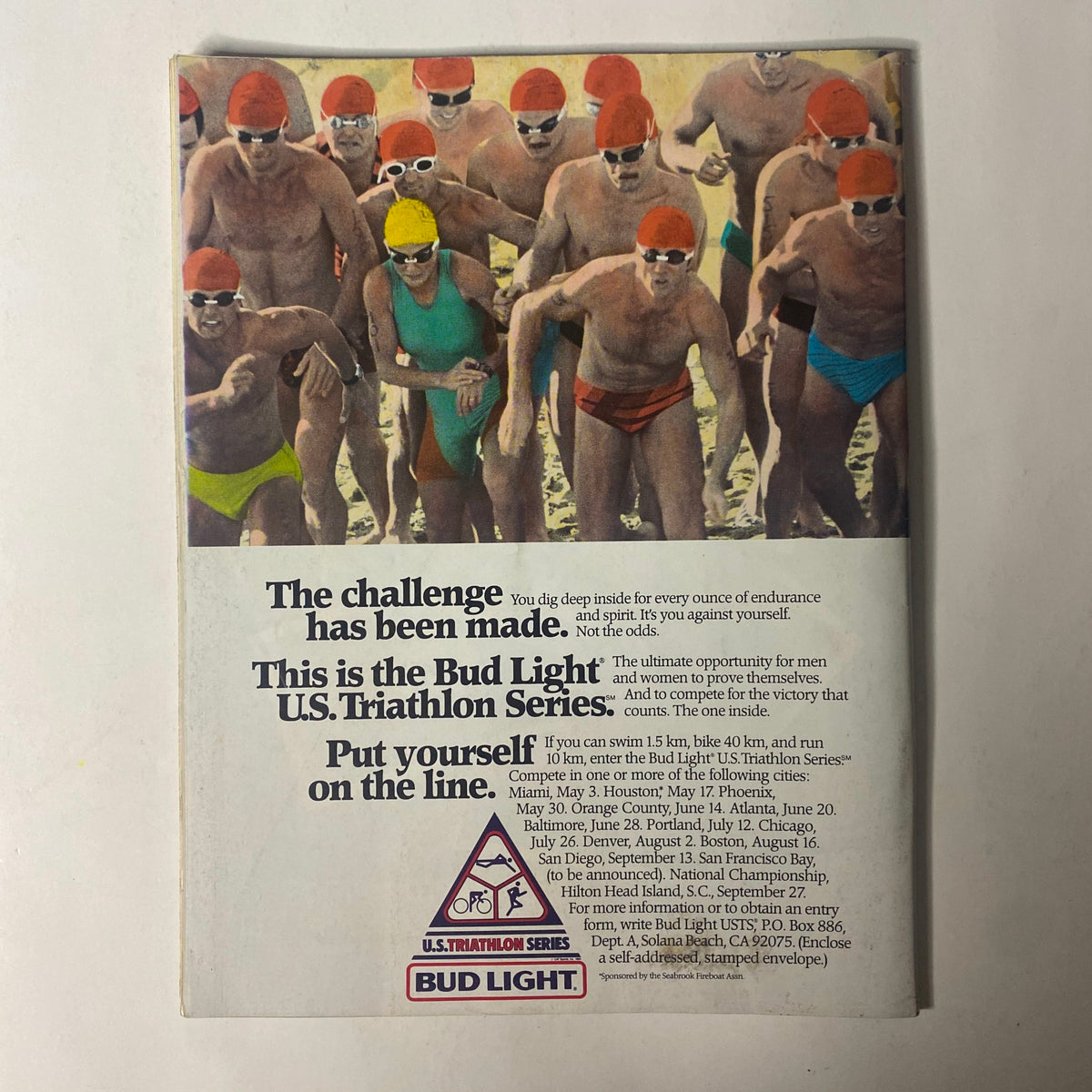 Triathlete Magazine April 1987 No. 44 back cover advertisement for Bud Light and the U.S. Triathlon Series, promoting participation in triathlons and sports events.