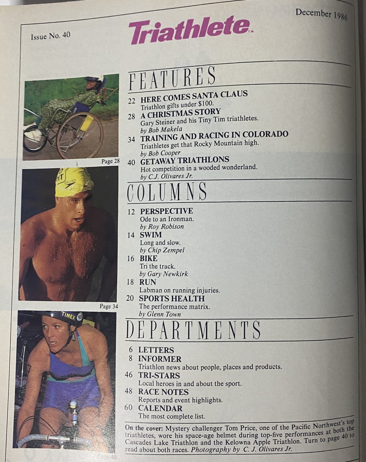 Contents page of Triathlete Magazine December 1986 No. 40, listing features such as training stories and events, including 'Here Comes Santa Claus' and 'Training and Racing in Colorado'.