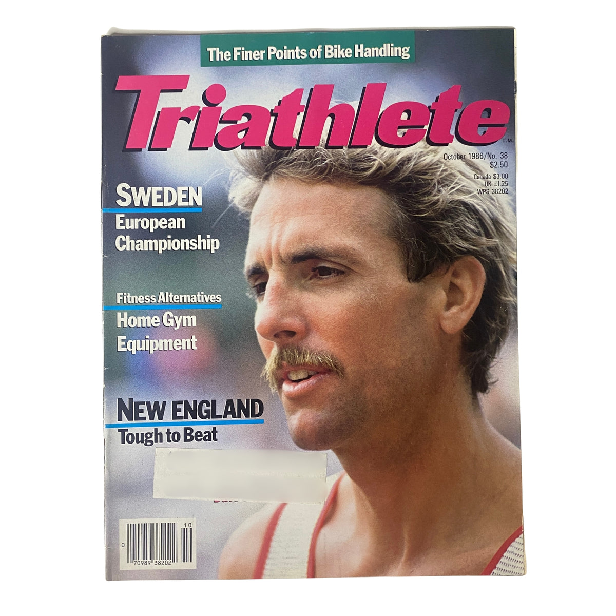 Cover of Triathlete Magazine, October 1986, No. 38 featuring Mr. Ironman, Dave Scott, highlighting topics like the European Championship and fitness alternatives for home gym equipment.