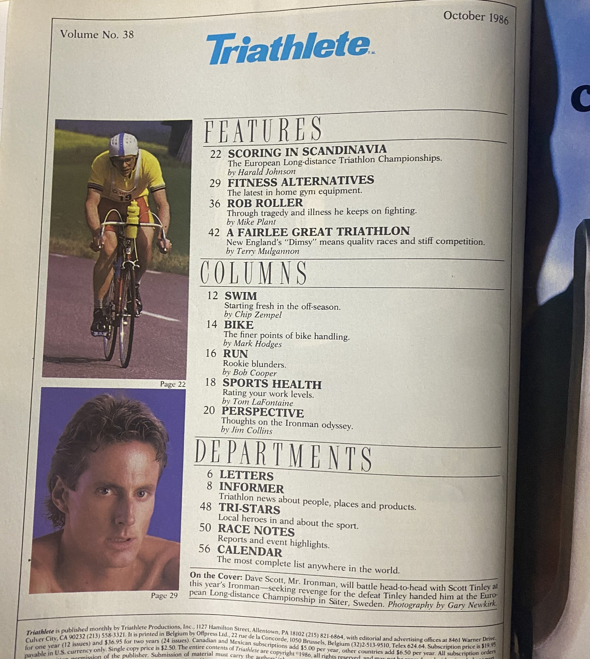 Contents page from Triathlete Magazine, October 1986, No. 38 featuring articles including 'Scoring in Scandinavia' and 'A Fairlee Great Triathlon', highlighting key features, columns, and departments.