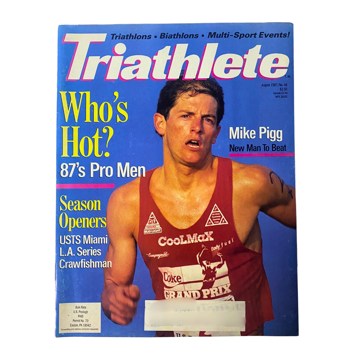 Triathlete Magazine August 1987 No. 48 cover featuring Mike Pigg of Team CoolMax/NTTC running in a red jersey, promoting the USTS Miami, L.A. Series, and Crawfishman.