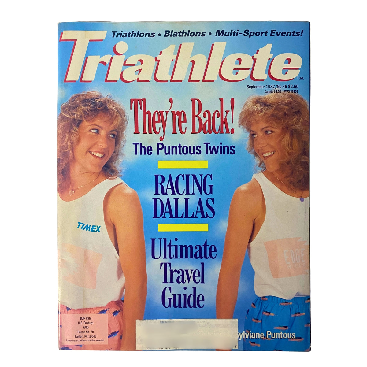 Triathlete Magazine cover from September 1987 featuring the Puntous twins with the title 'They're Back! The Puntous Twins' along with the text 'Racing Dallas' and 'Ultimate Travel Guide.' This vintage sports magazine highlights triathlons, biathlons, and multi-sport events.