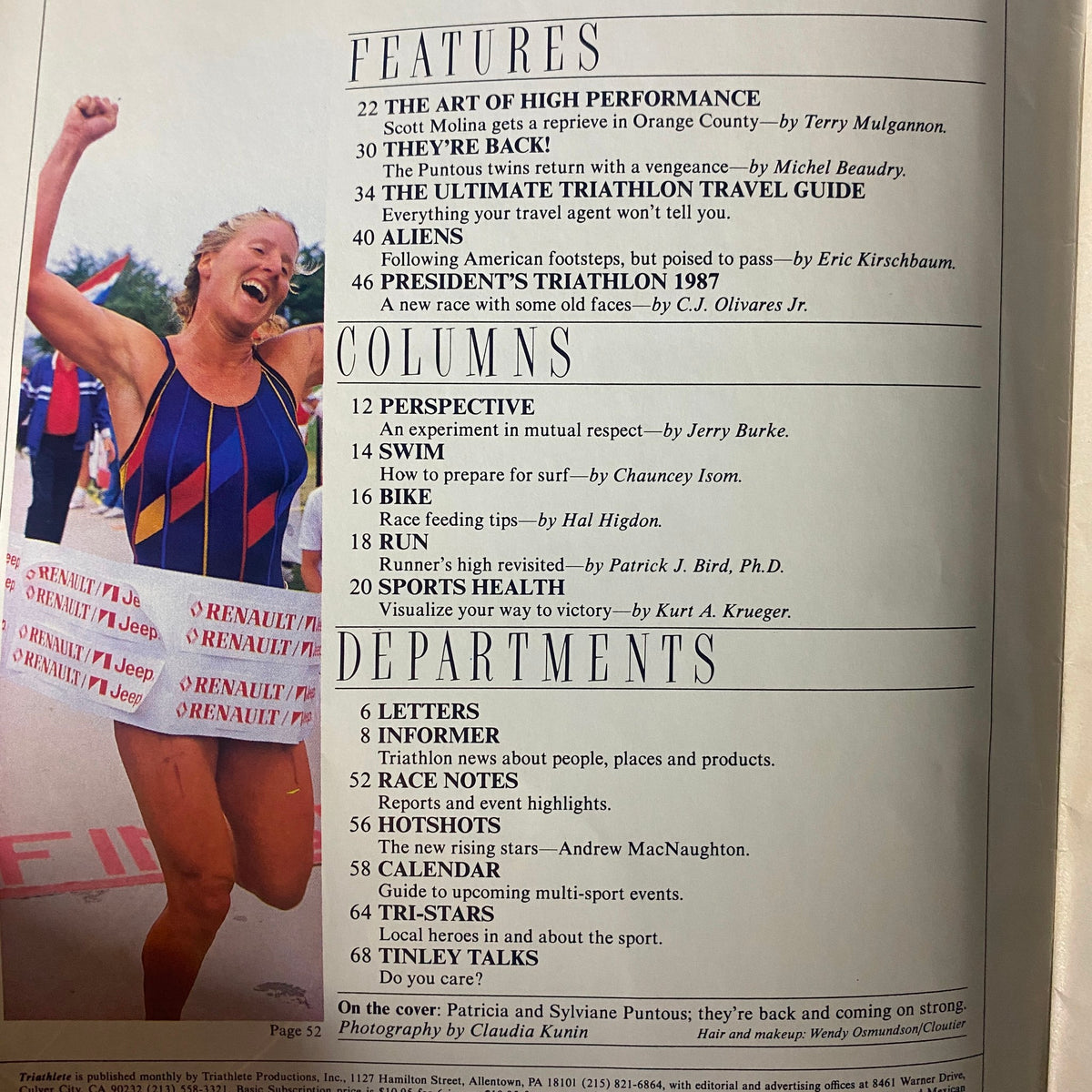 An interior page of Triathlete Magazine from September 1987 showcasing features and columns, including articles on high performance by Scott Molina and triathlon-related tips. The page highlights the magazine's contents and celebrates the Puntous twins' return to competition.