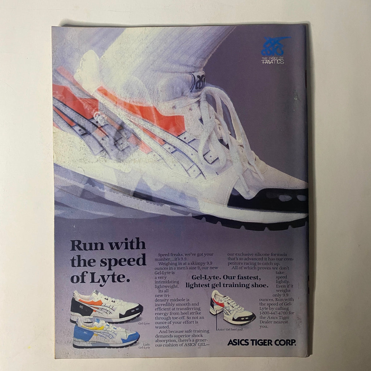 Vintage advertisement for ASICS Gel-Lyte training shoes featuring dynamic imagery of the shoes in motion. The ad promotes running with speed, showcasing the lightweight and advanced design of the Gel-Lyte shoes. This illustration is part of the Triathlete Magazine September 1987 issue, No. 49, featuring Patricia and Sylviane Puntous.