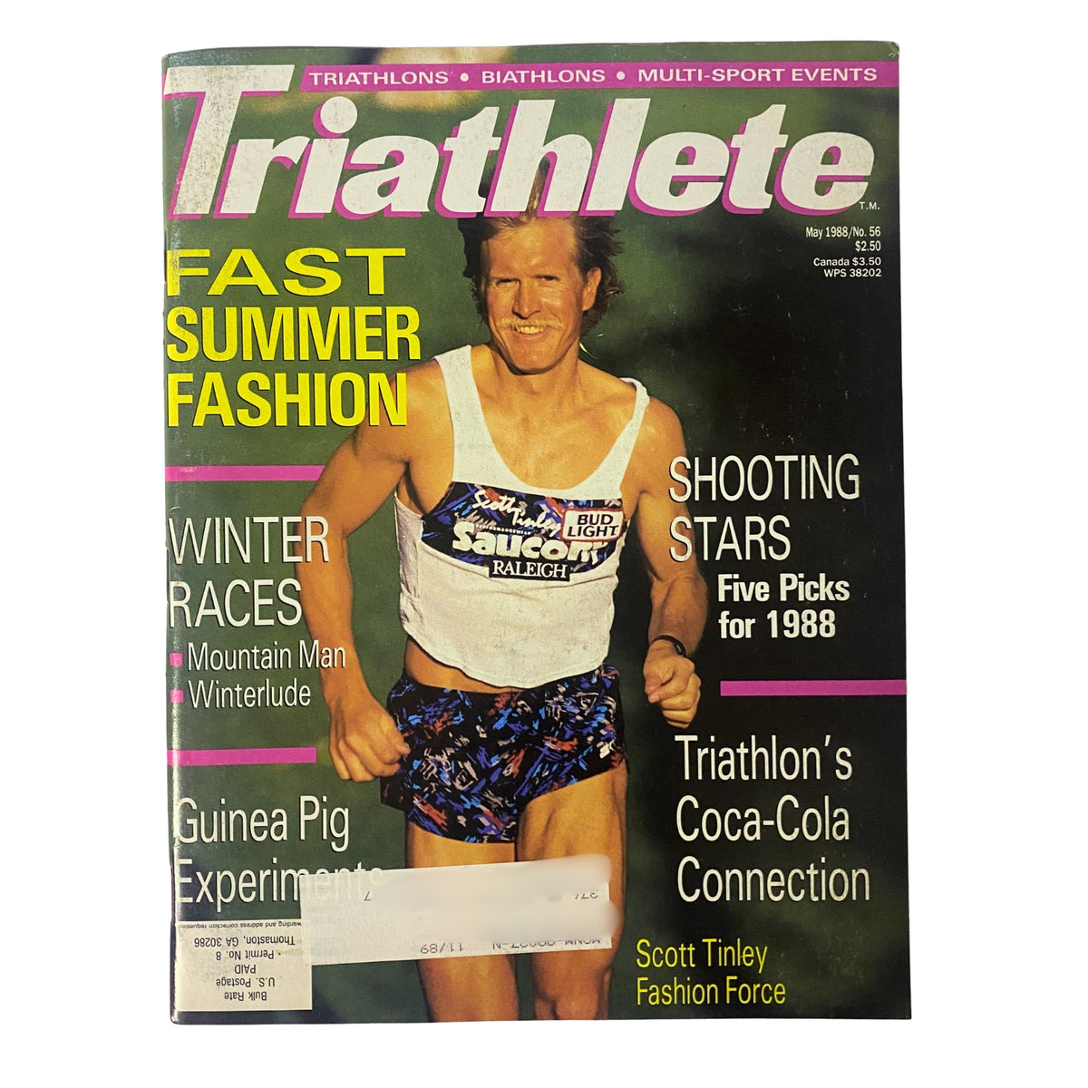 Triathlete Magazine May 1988 No. 56 cover featuring Scott Tinley in athletic wear, highlighting fast summer fashion and shooting stars for 1988.
