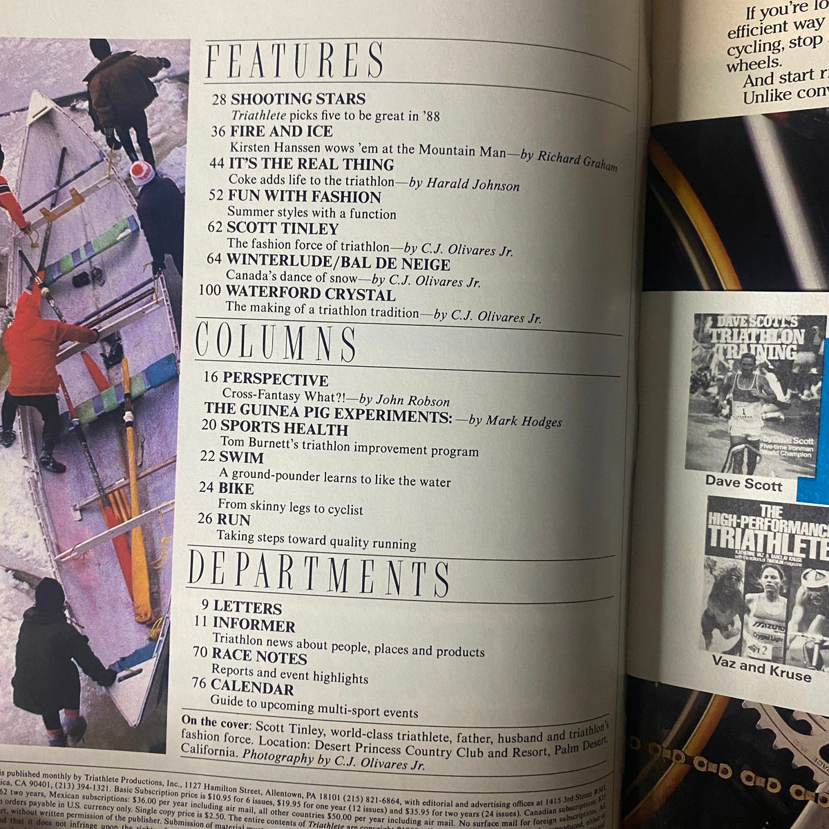 Interior page of Triathlete Magazine May 1988 No. 56 displaying features and columns including Scott Tinley, 'Shooting Stars', and athlete profiles.