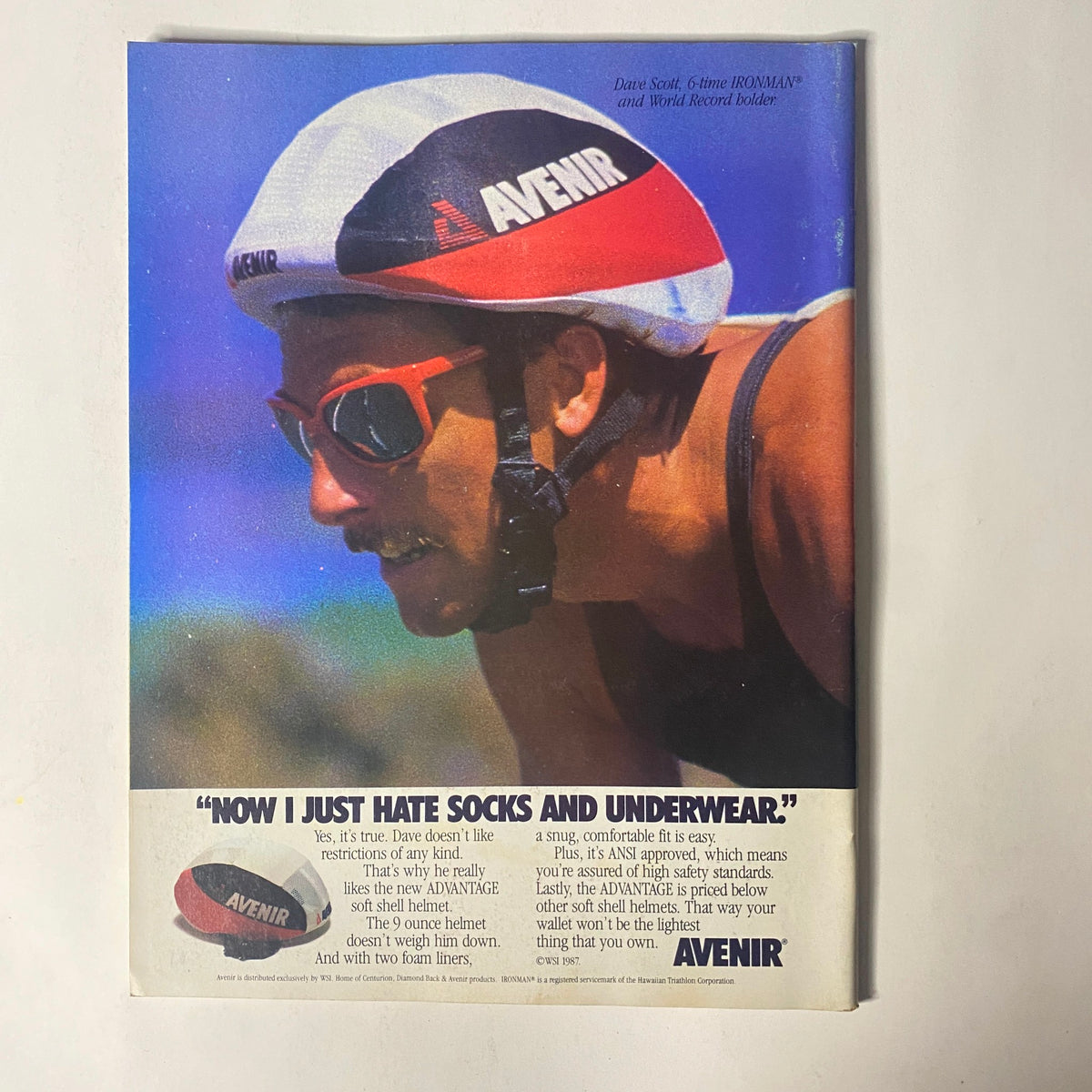 Back cover of Triathlete Magazine May 1988 No. 56 featuring Avenir ad with athlete discussing his preference against socks and underwear.