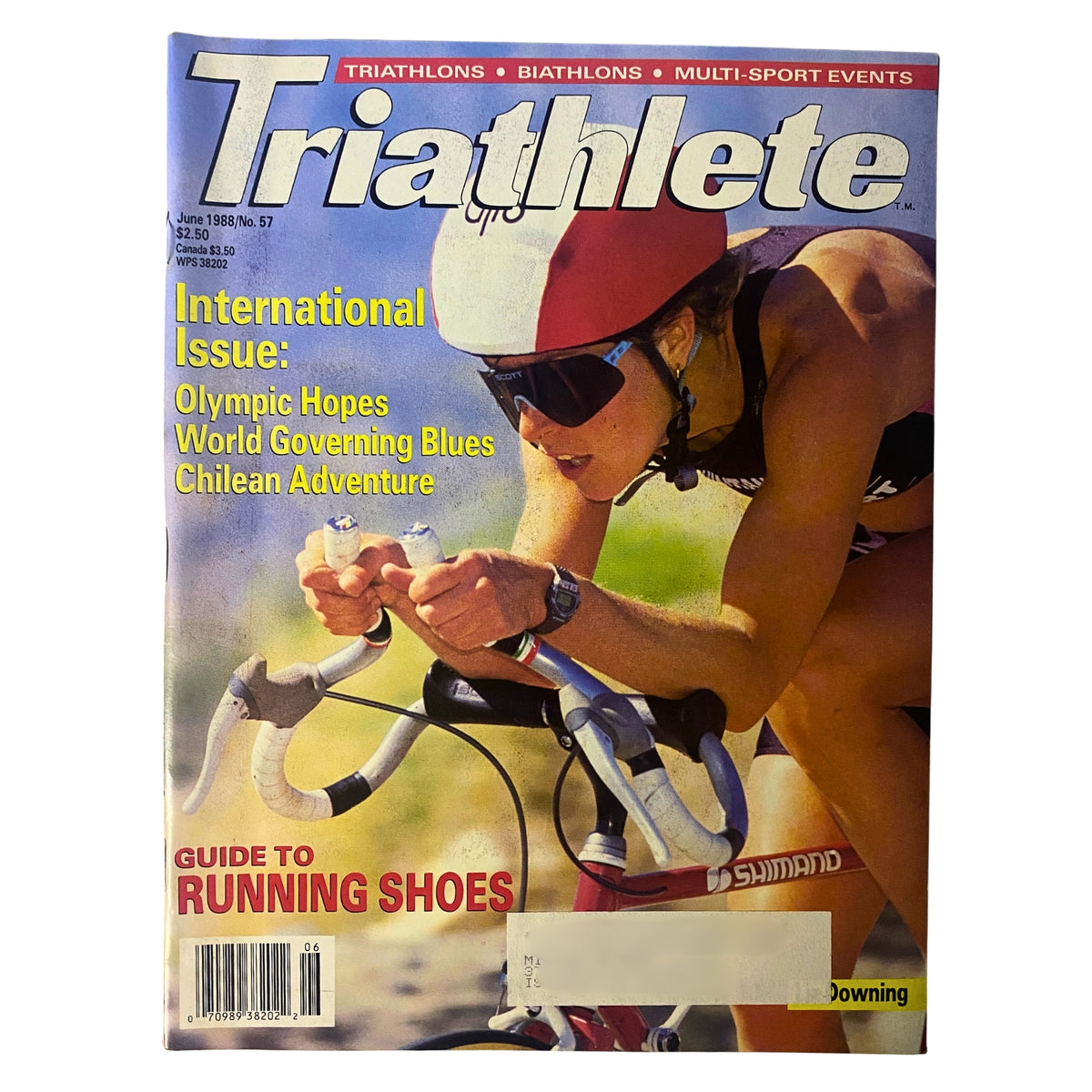 Triathlete Magazine June 1988 No. 57 featuring Liz Downing on the cover, showcasing the theme of Olympic hopes and gear insights for triathlon enthusiasts.