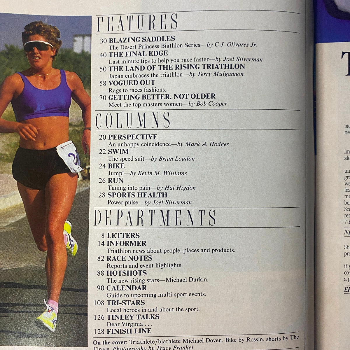 Contents page of Triathlete Magazine June 1987 No. 46, highlighting key articles including features, columns, and departments focused on triathlon training and results.