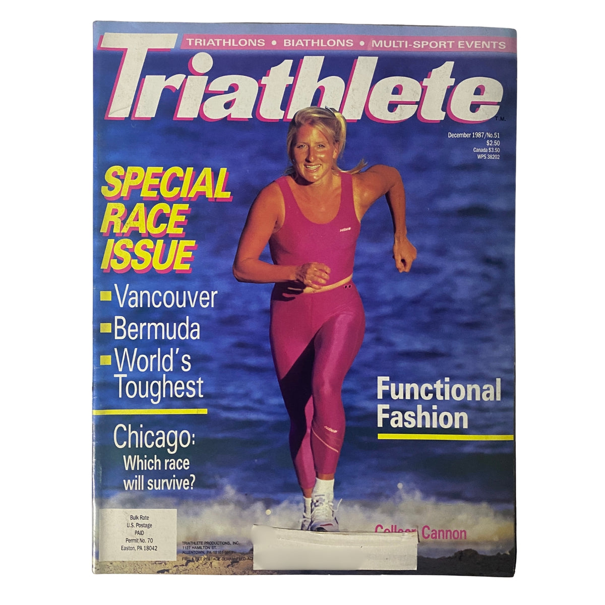 Cover of Triathlete Magazine December 1987 No. 51 featuring Colleen Cannon in a pink swimsuit by the water, highlighting special race issues for Vancouver, Bermuda, and Chicago.