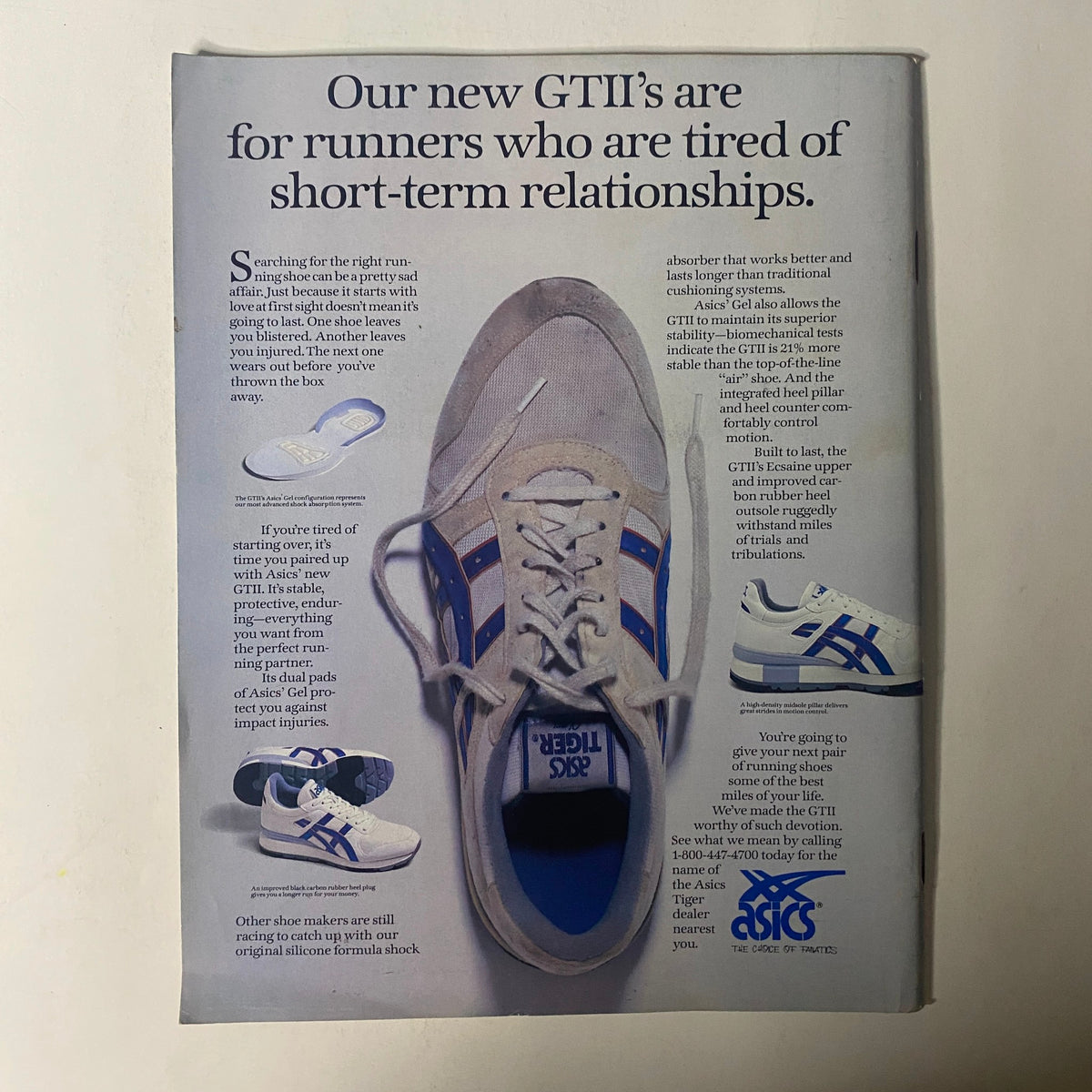 Advertisement for ASICS GTII shoes from the December 1987 issue of Triathlete Magazine No. 51, promoting functionality for runners in training.
