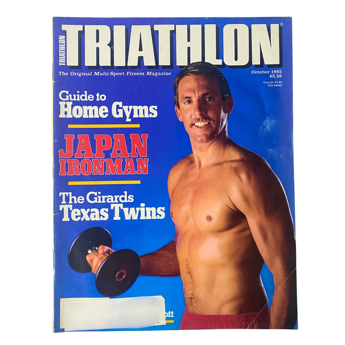 Cover of Triathlon Magazine October 1985 featuring Four-Time Ironman Champion Dave Scott, showcasing topics like home gym equipment and Japan Ironman, with a focus on fitness and triathlon training.