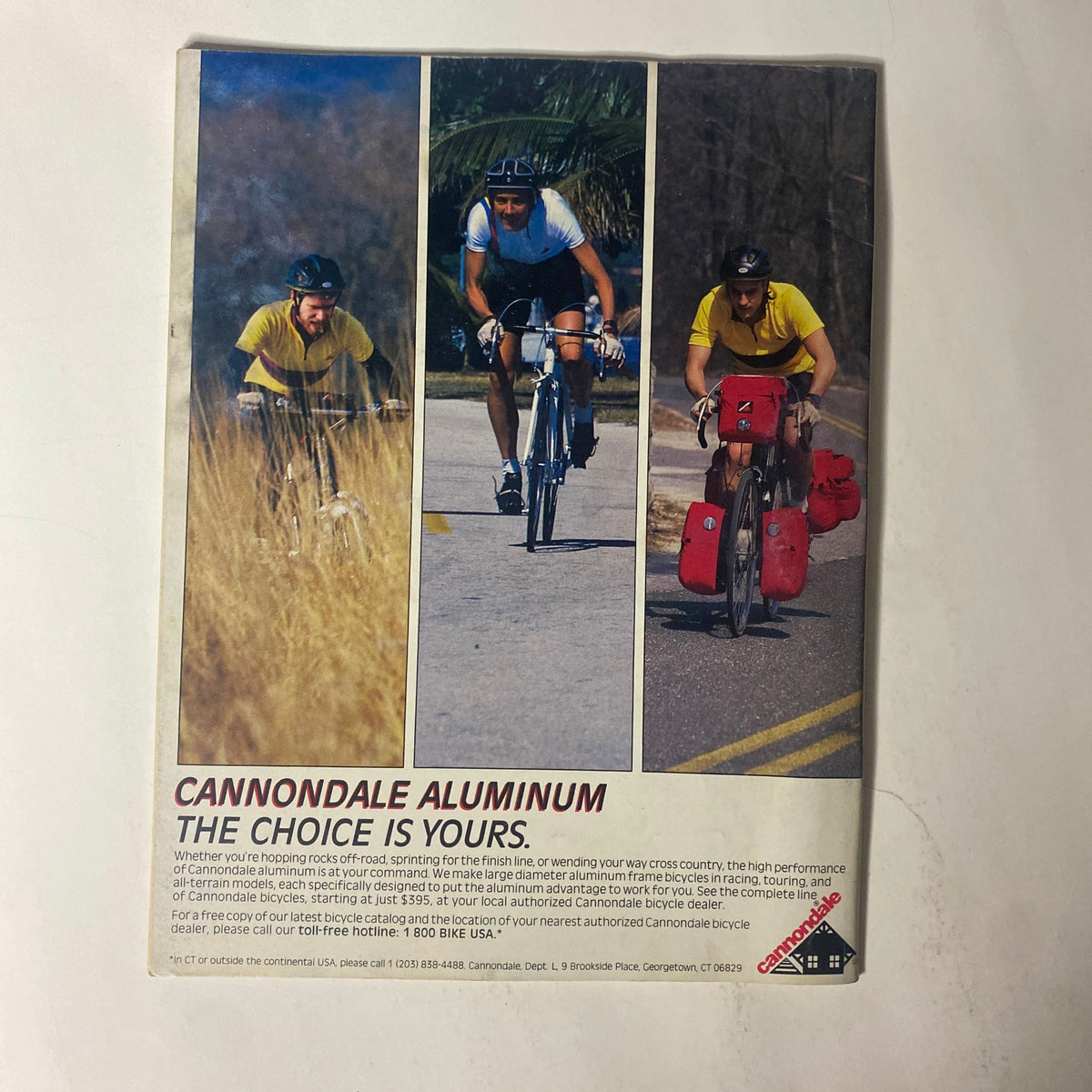 Back cover of Triathlete Magazine October 1985 showcasing Cannondale Aluminum bicycles with cyclists on the road, highlighting features for triathlon enthusiasts, along with the title referencing Four-Time Ironman Champion Dave Scott.