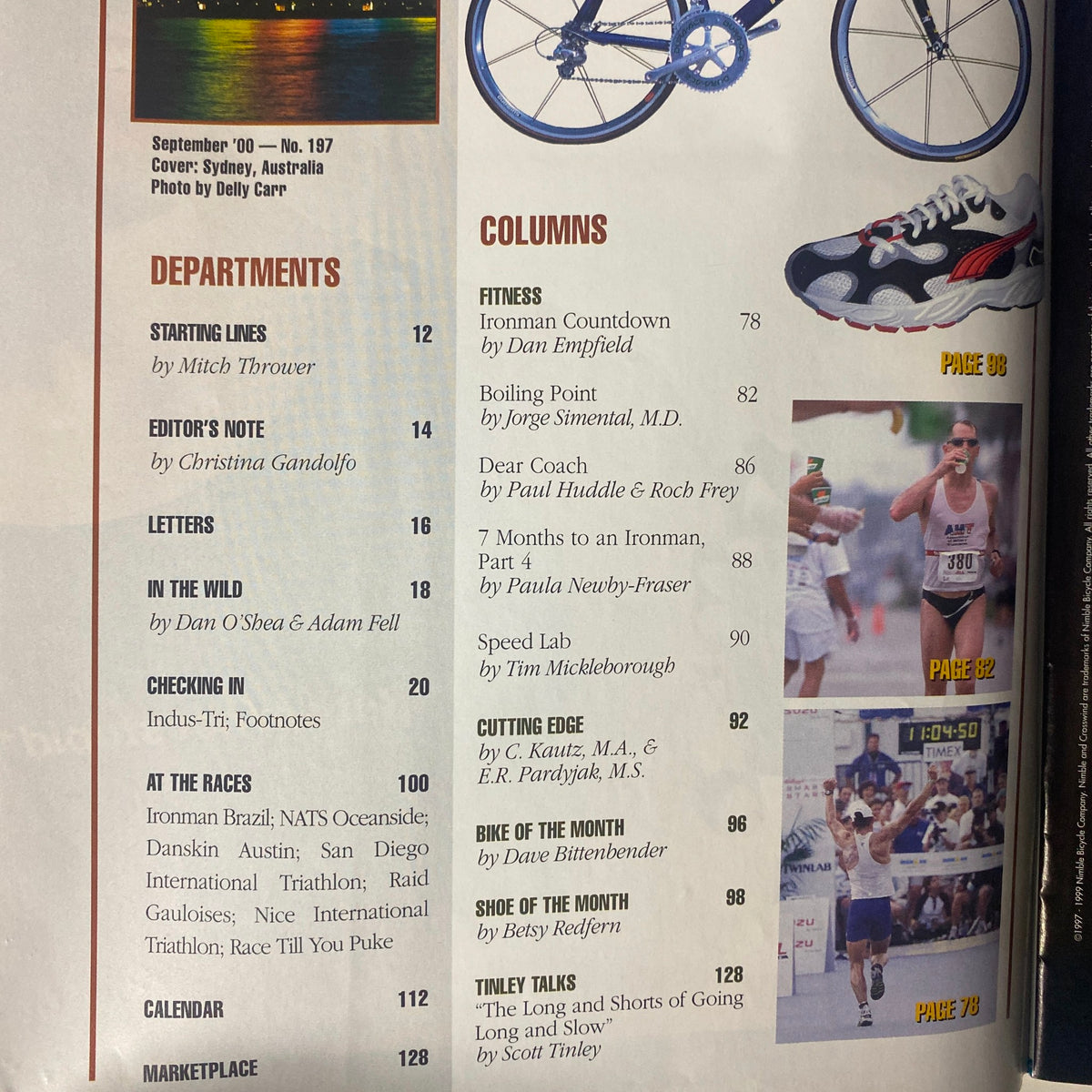Interior page from Triathlete Magazine September 2000 highlighting departments and columns, including Starting Lines by Mitch Thrower, Editor's Note, and fitness advice.