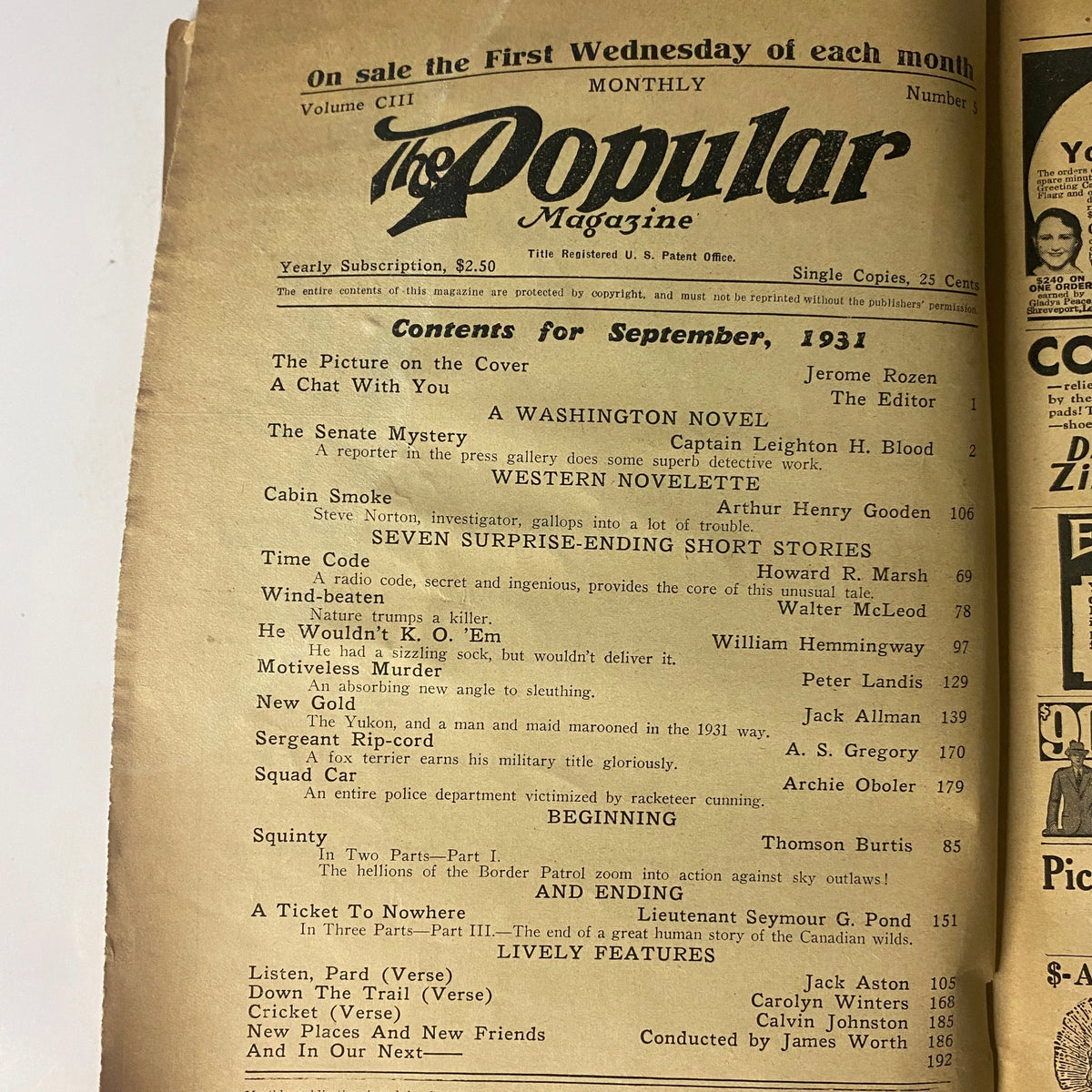 Interior page of The Popular Magazine September 1931 showing the table of contents, highlighting articles and stories including 'The Senate Mystery' and various short fiction.